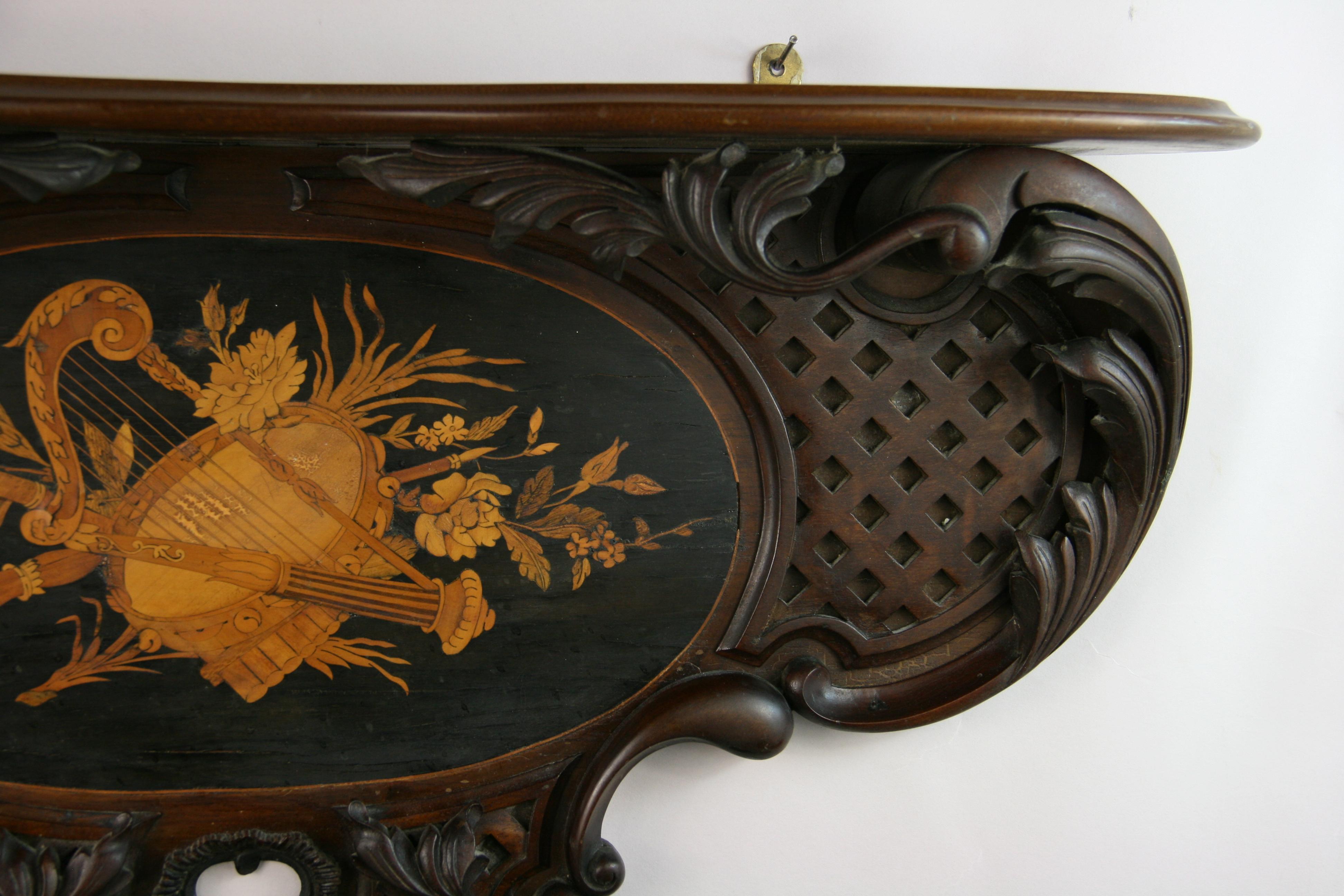 Italian Hand Carved Walnut Wood Shelf with Musical Inlay, Late 19th Century In Good Condition For Sale In Douglas Manor, NY