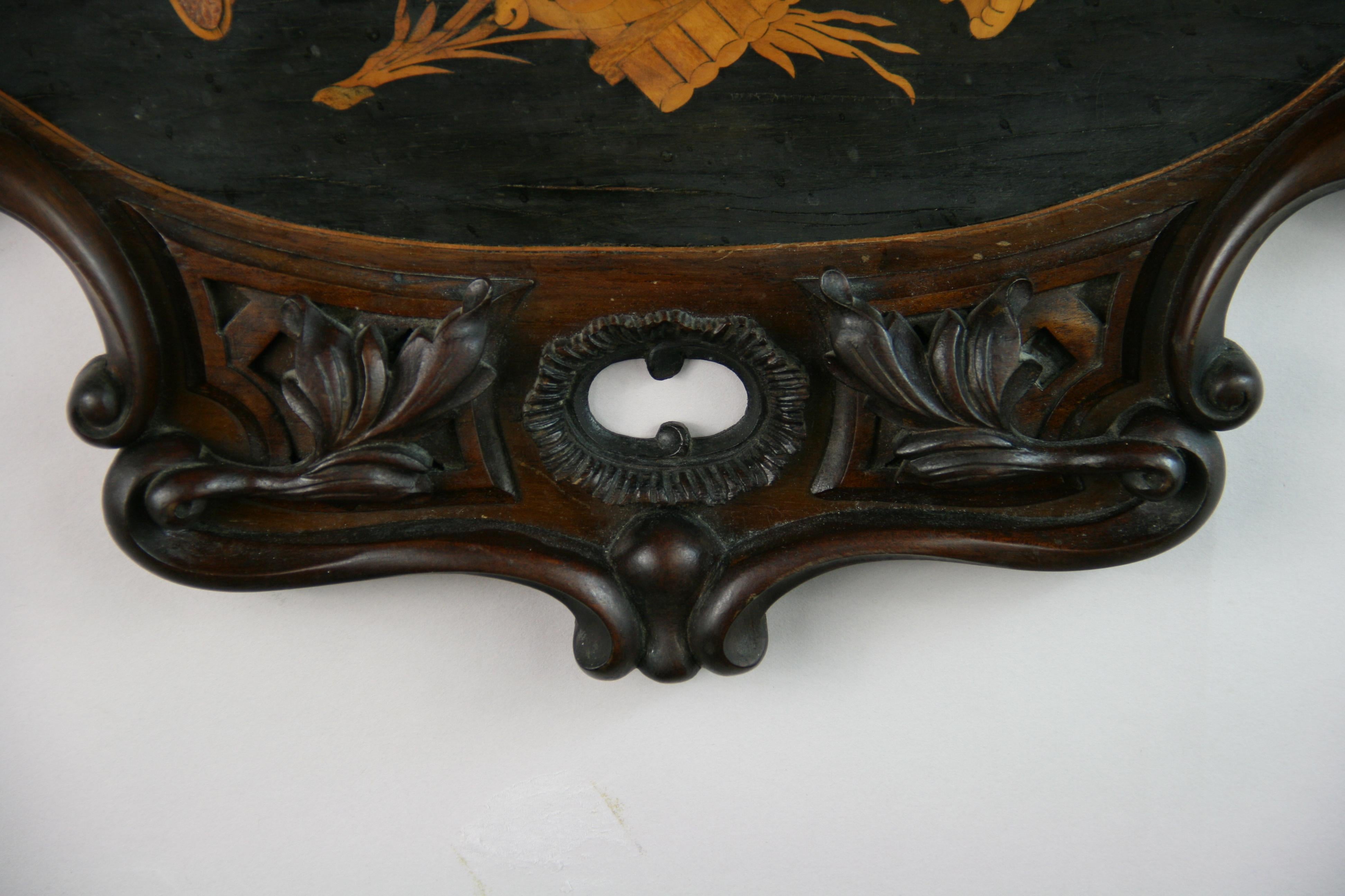 Italian Hand Carved Walnut Wood Shelf with Musical Inlay, Late 19th Century For Sale 1