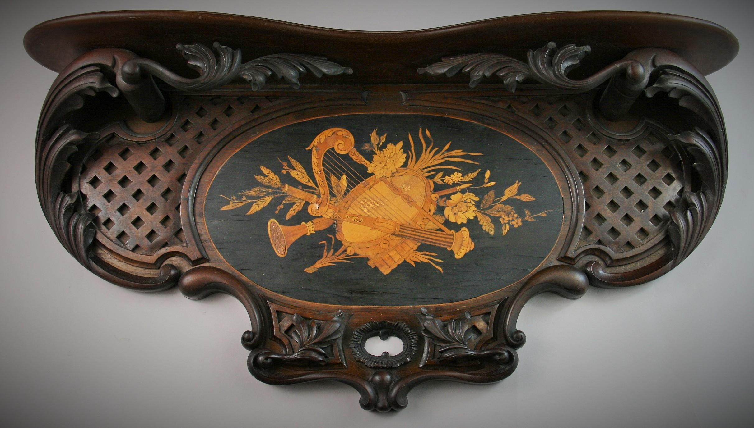 Italian Hand Carved Walnut Wood Shelf with Musical Inlay, Late 19th Century For Sale 4