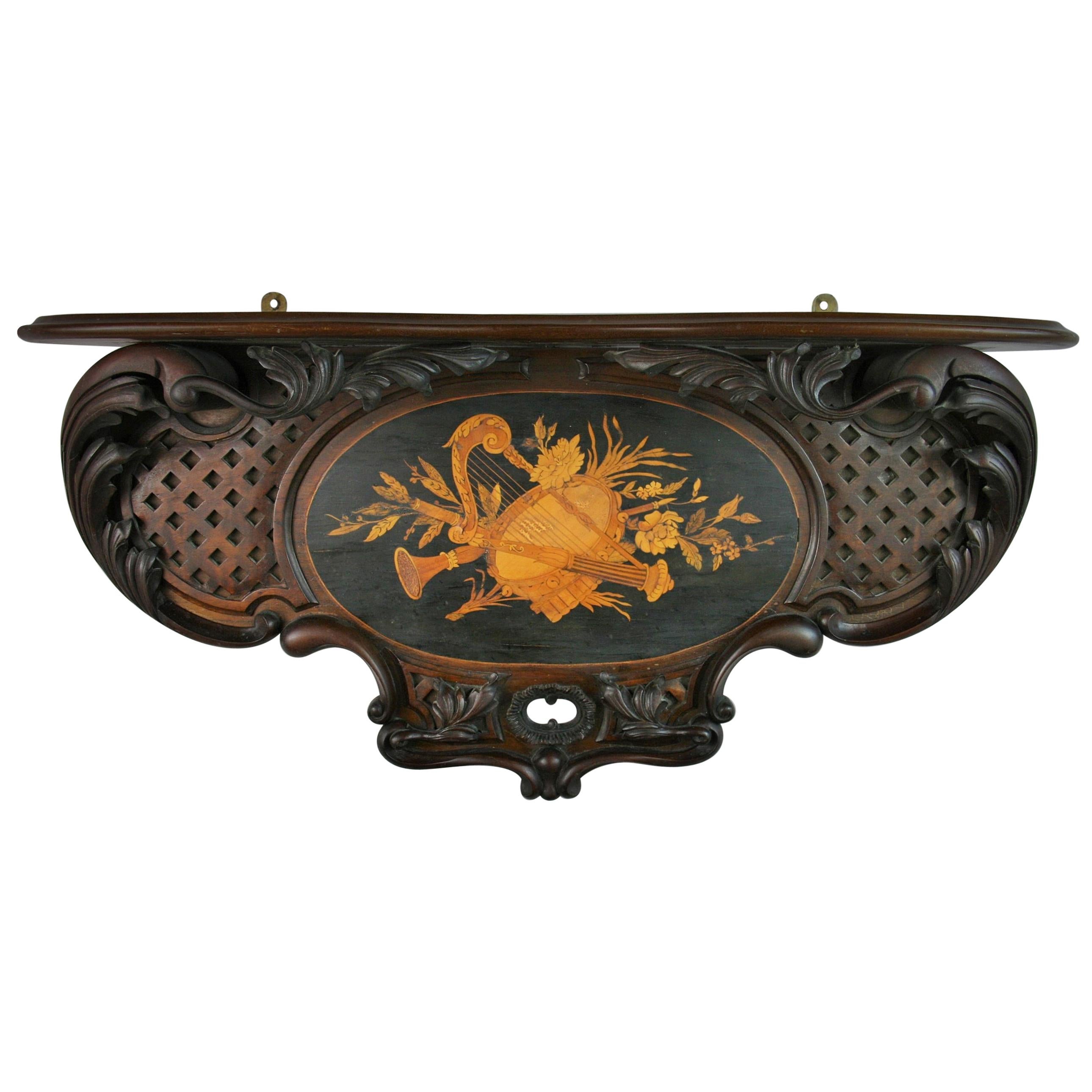 Italian Hand Carved Walnut Wood Shelf with Musical Inlay, Late 19th Century For Sale