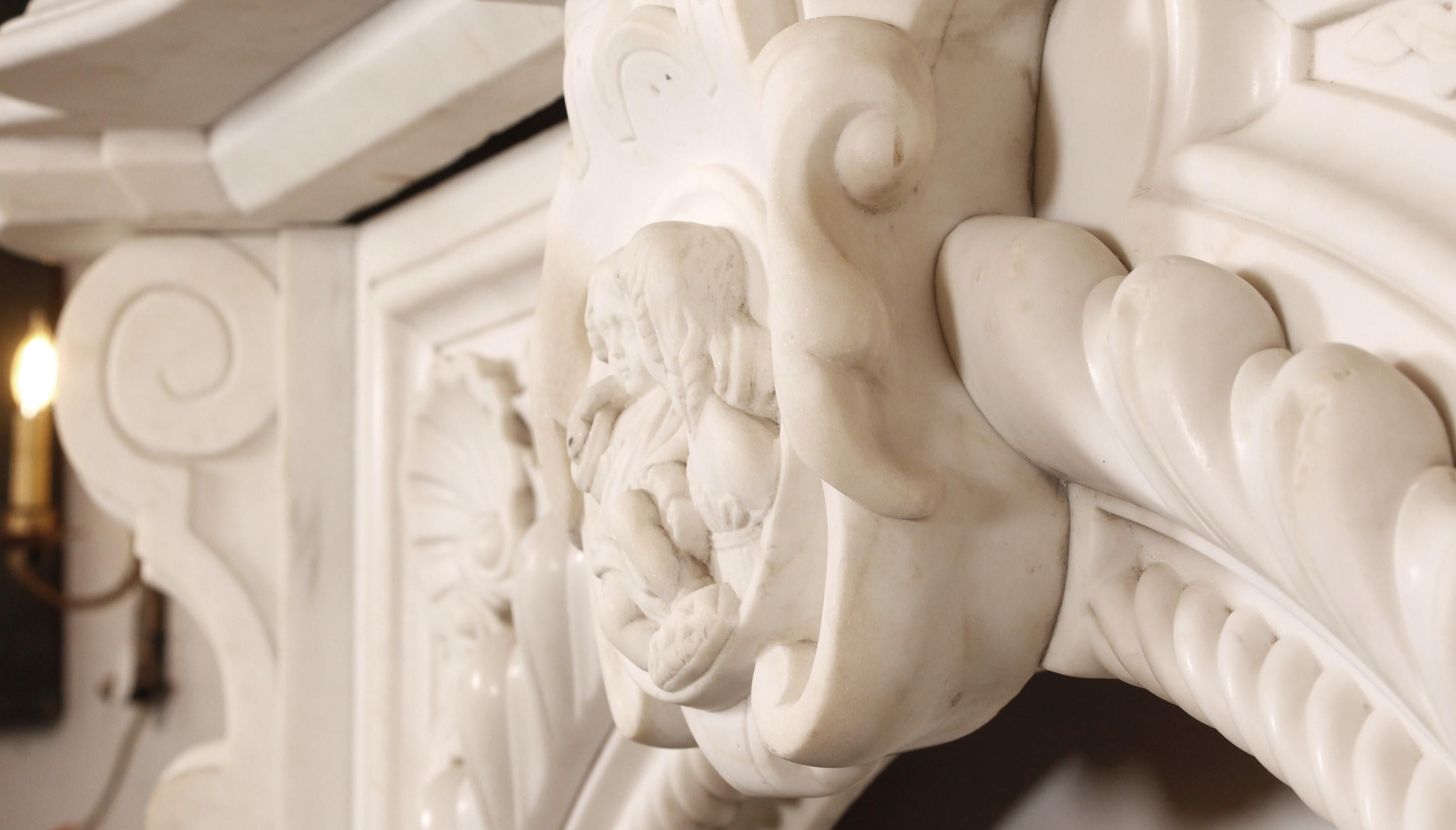 Italian Hand Carved White Marble Mantel Rope Edge Design 8