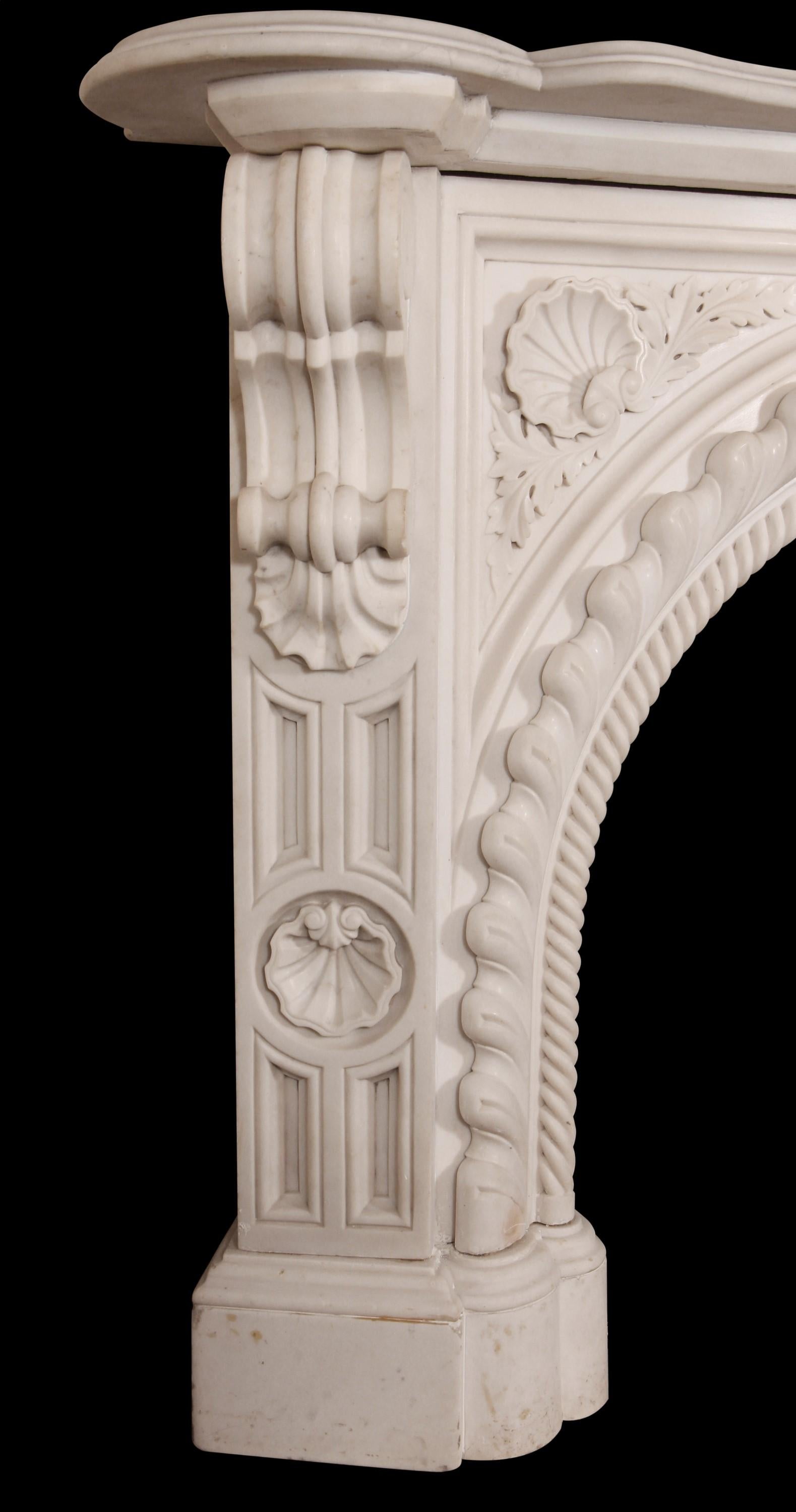 Mid-19th Century Italian Hand Carved White Marble Mantel Rope Edge Design