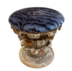 Italian Hand Carved Wood Ottoman with Scalamandré Tiger Velvet Upholstery