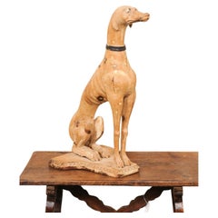 Italienische, handgeschnitzte Holzstatue eines Whippets, Mitte des 20. Jahrhunderts