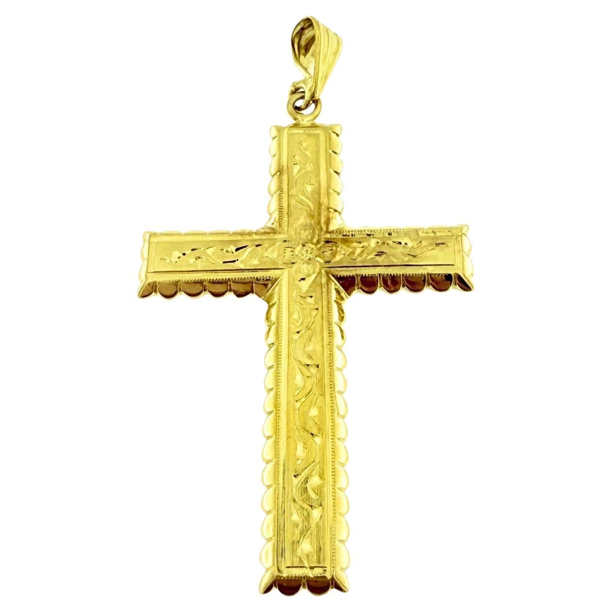 Italian Hand-Carved Yellow Gold Cross with Flowers For Sale