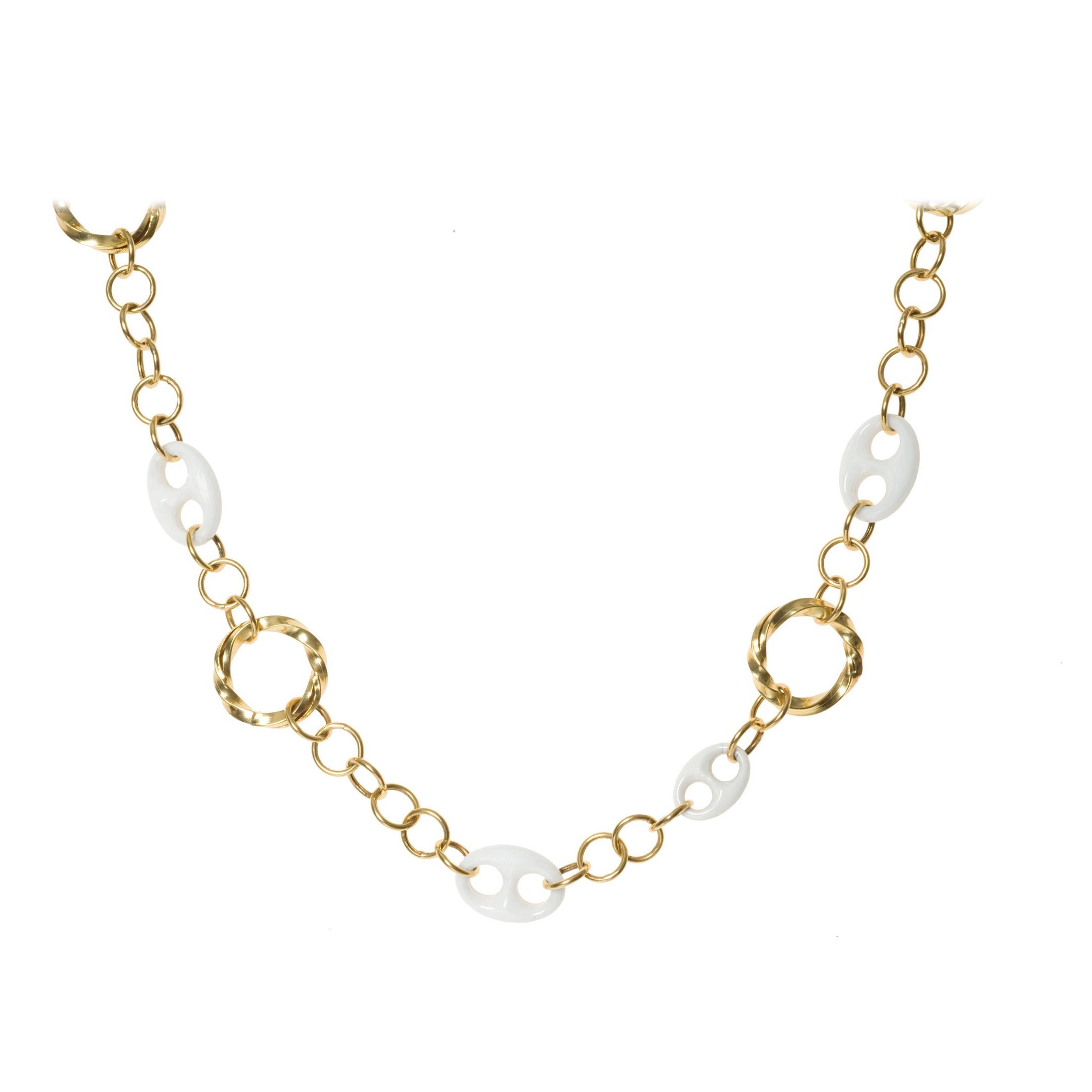 Italian Hand Cast Yellow 18 Karat Gold Chain Necklace with White Ceramic Details