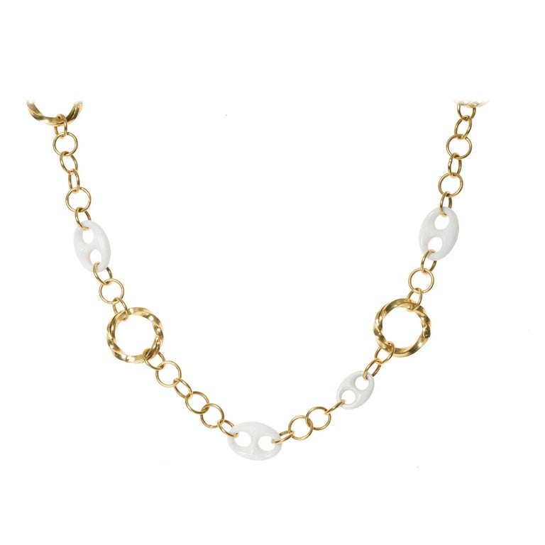 Italian Hand Cast Yellow 18 Karat Gold Chain Necklace with White
