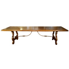 17th Century Italian Refectory Style Old Walnut Table with Forged Iron 