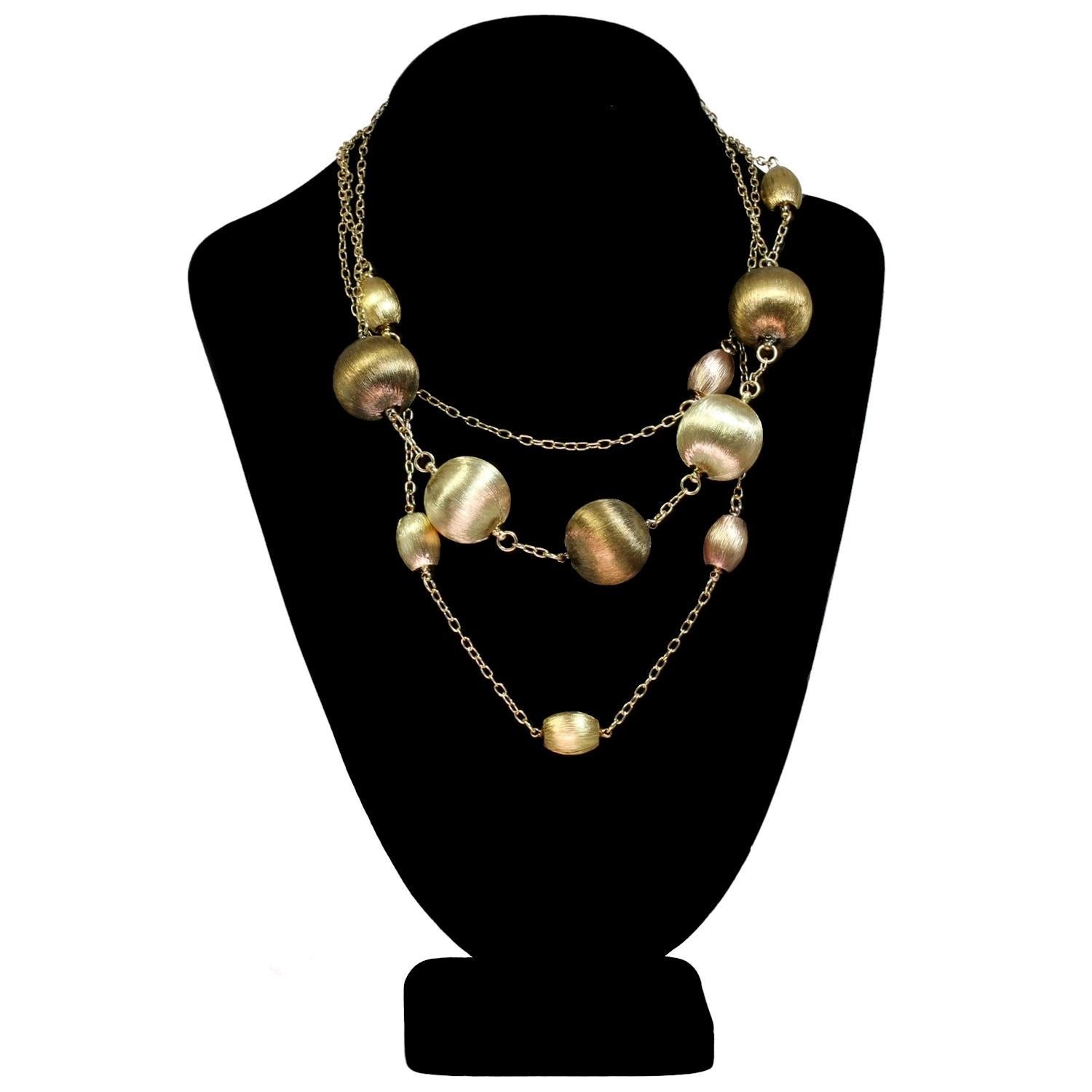 Italian Hand-Crafted Multicolor Brushed Gold Balls Choker & Long Chain Necklace In Excellent Condition For Sale In New York, NY