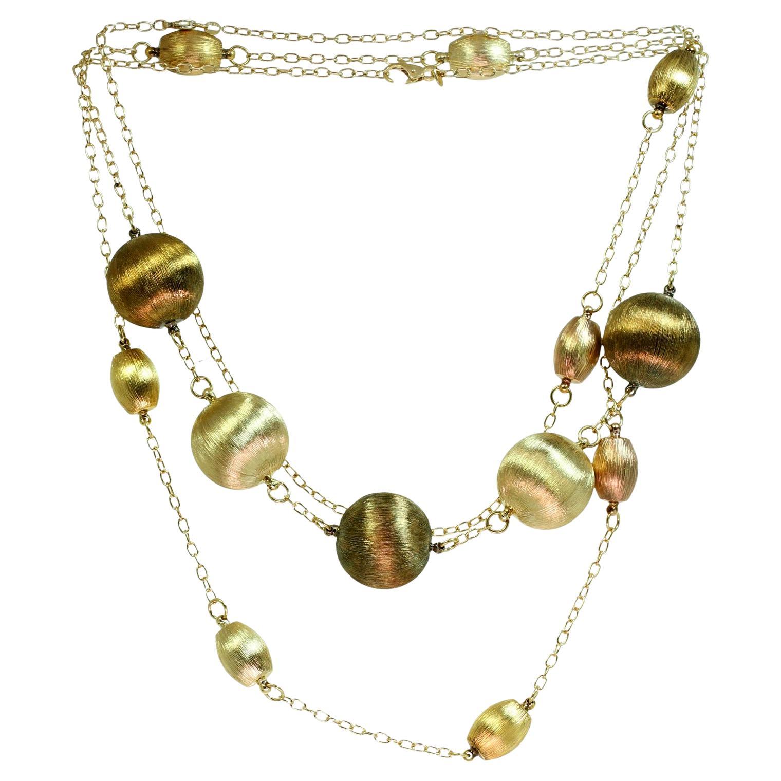 Italian Hand-Crafted Multicolor Brushed Gold Balls Choker & Long Chain Necklace For Sale