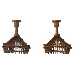 Italian Hand-crafted Pair of Wood Pendant Lights, 1960s, Italy