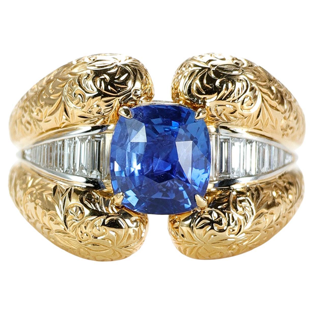 Italian Hand-engraved 18k Gold GRS Certified 3ct NO Heat Sapphire Cocktail Ring