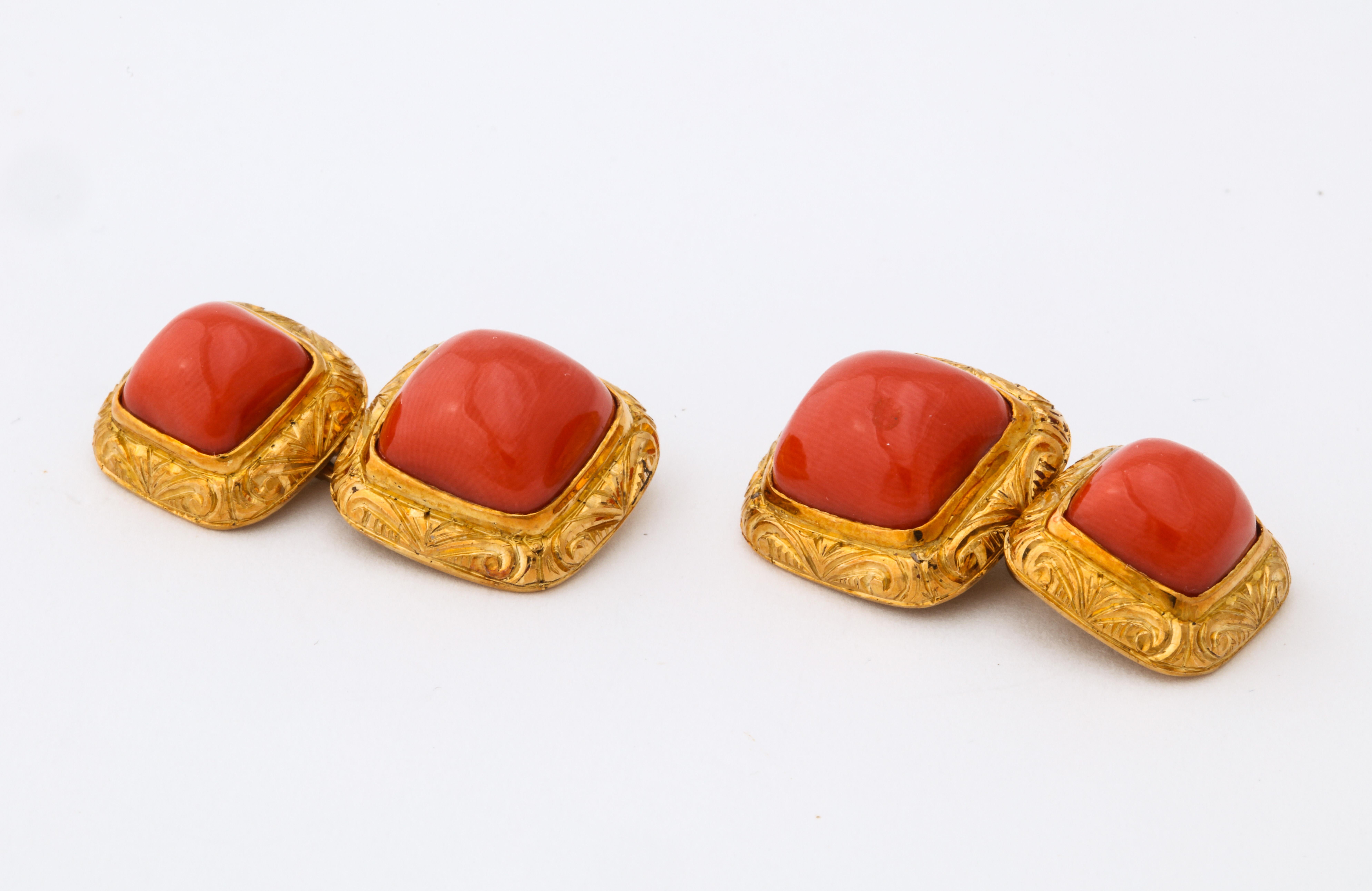 Italian Hand Engraved Gold Coral Double Sided Cufflinks 2