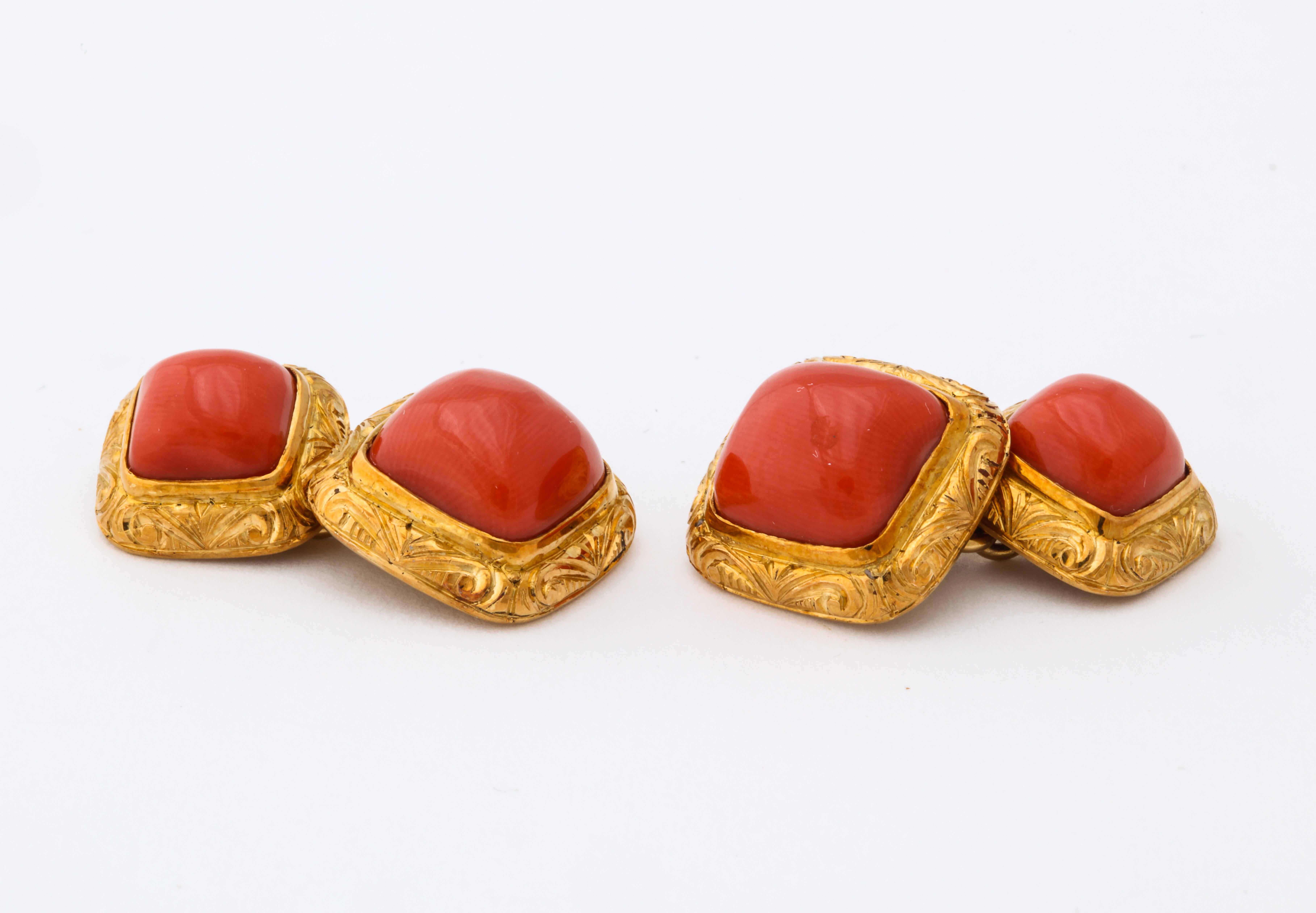 Italian Hand Engraved Gold Coral Double Sided Cufflinks 3