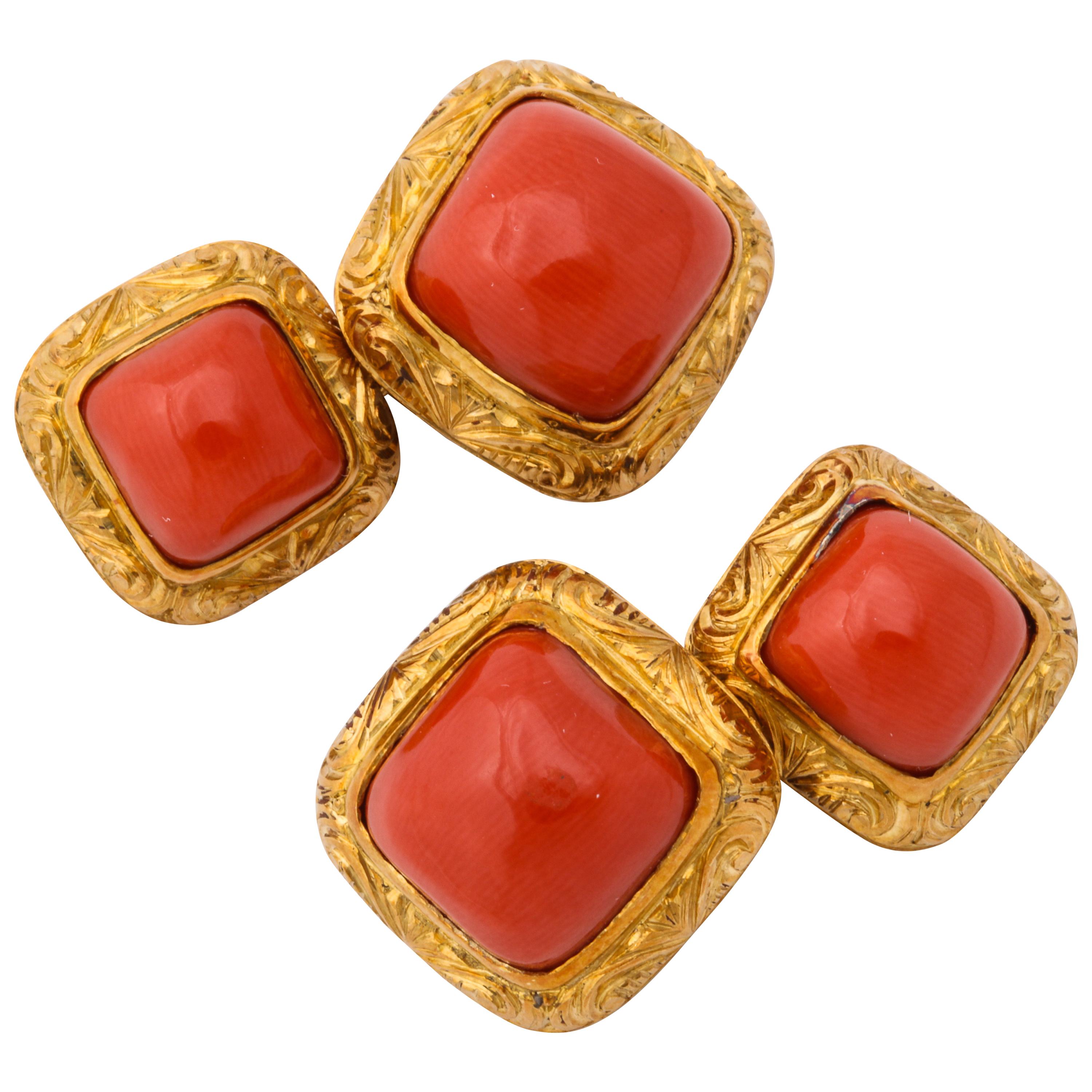 Italian Hand Engraved Gold Coral Double Sided Cufflinks