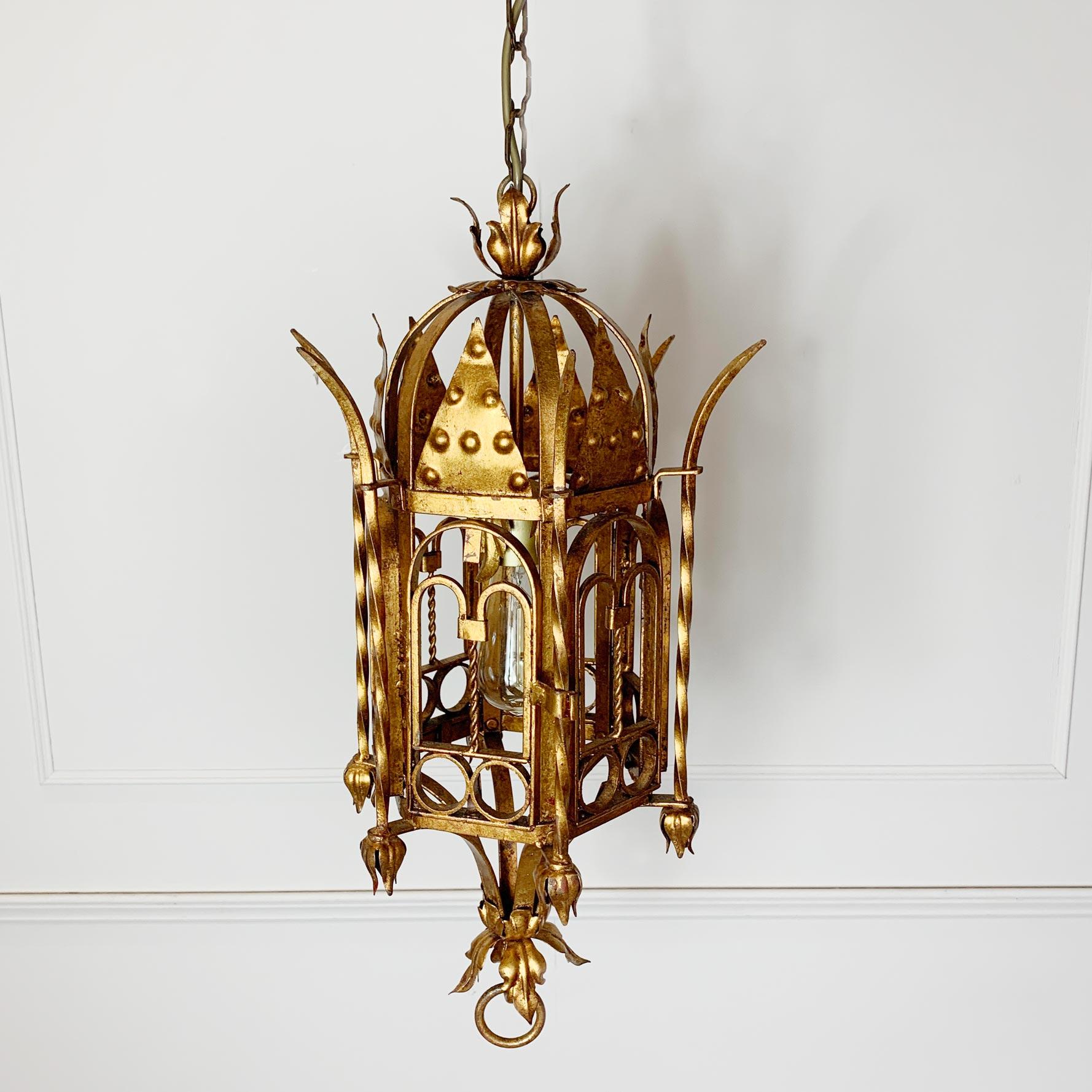 Italian Hand Forged Gold Lantern, circa 1950s For Sale 3