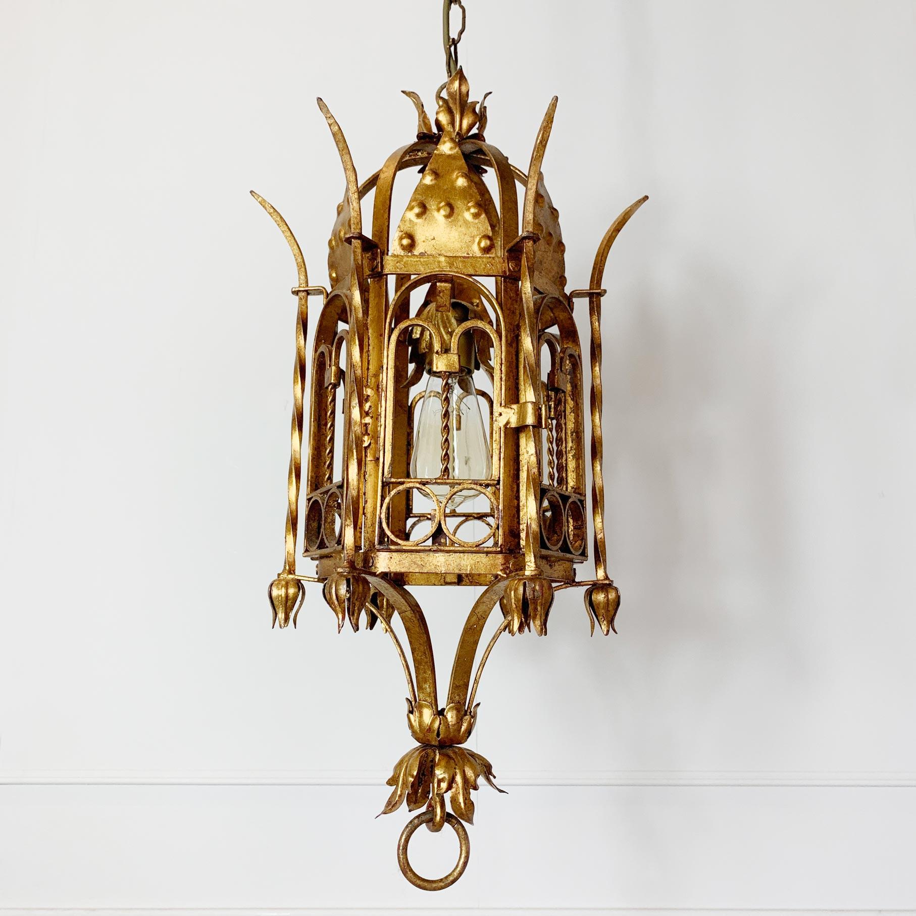 Italian Hand Forged Gold Lantern, circa 1950s For Sale 4