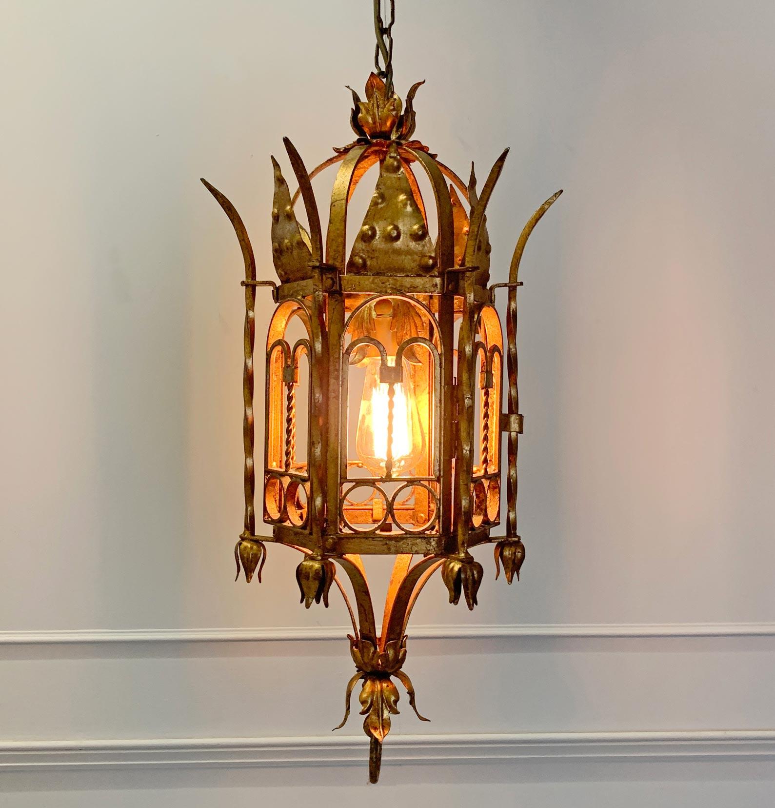 Hand-Crafted Italian Hand Forged Gold Lantern, circa 1950s For Sale