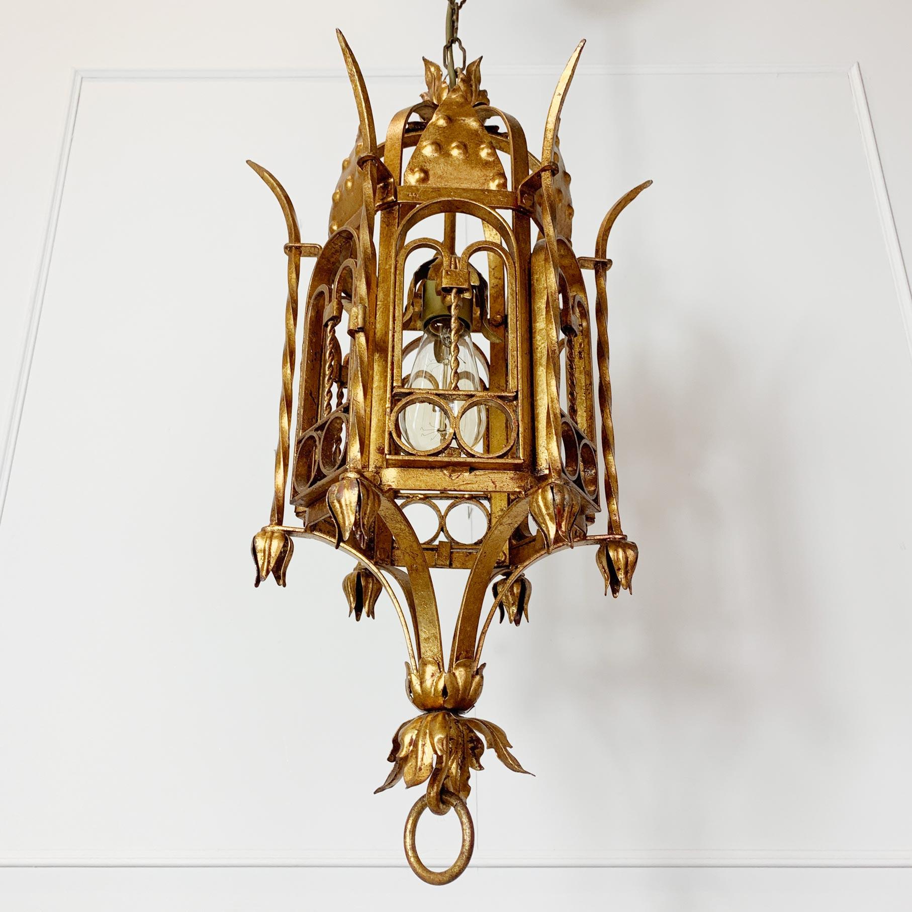 Italian Hand Forged Gold Lantern, circa 1950s In Good Condition For Sale In Hastings, GB