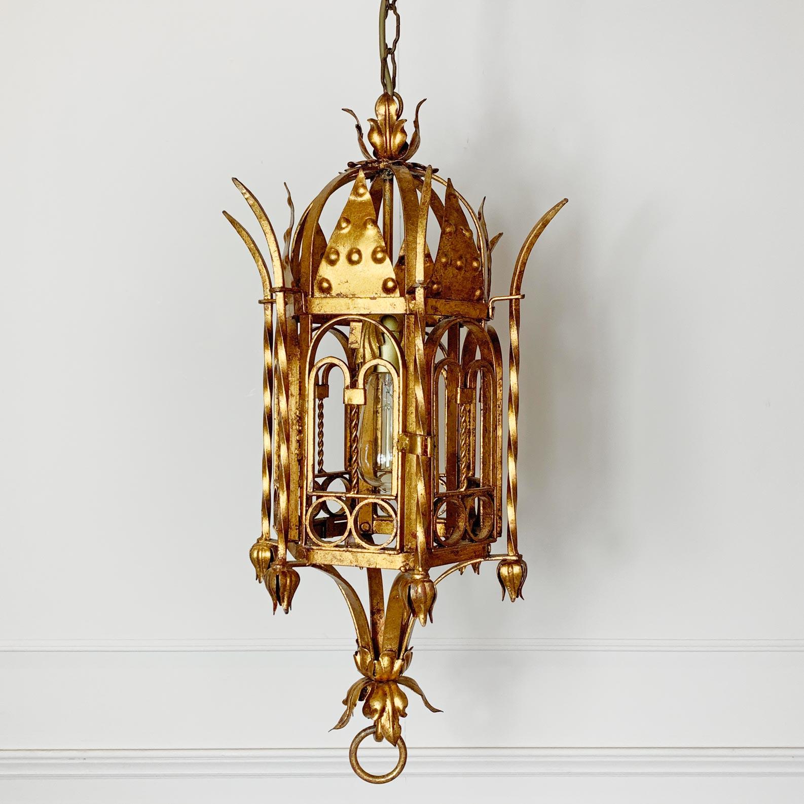 Italian Hand Forged Gold Lantern, circa 1950s For Sale 1