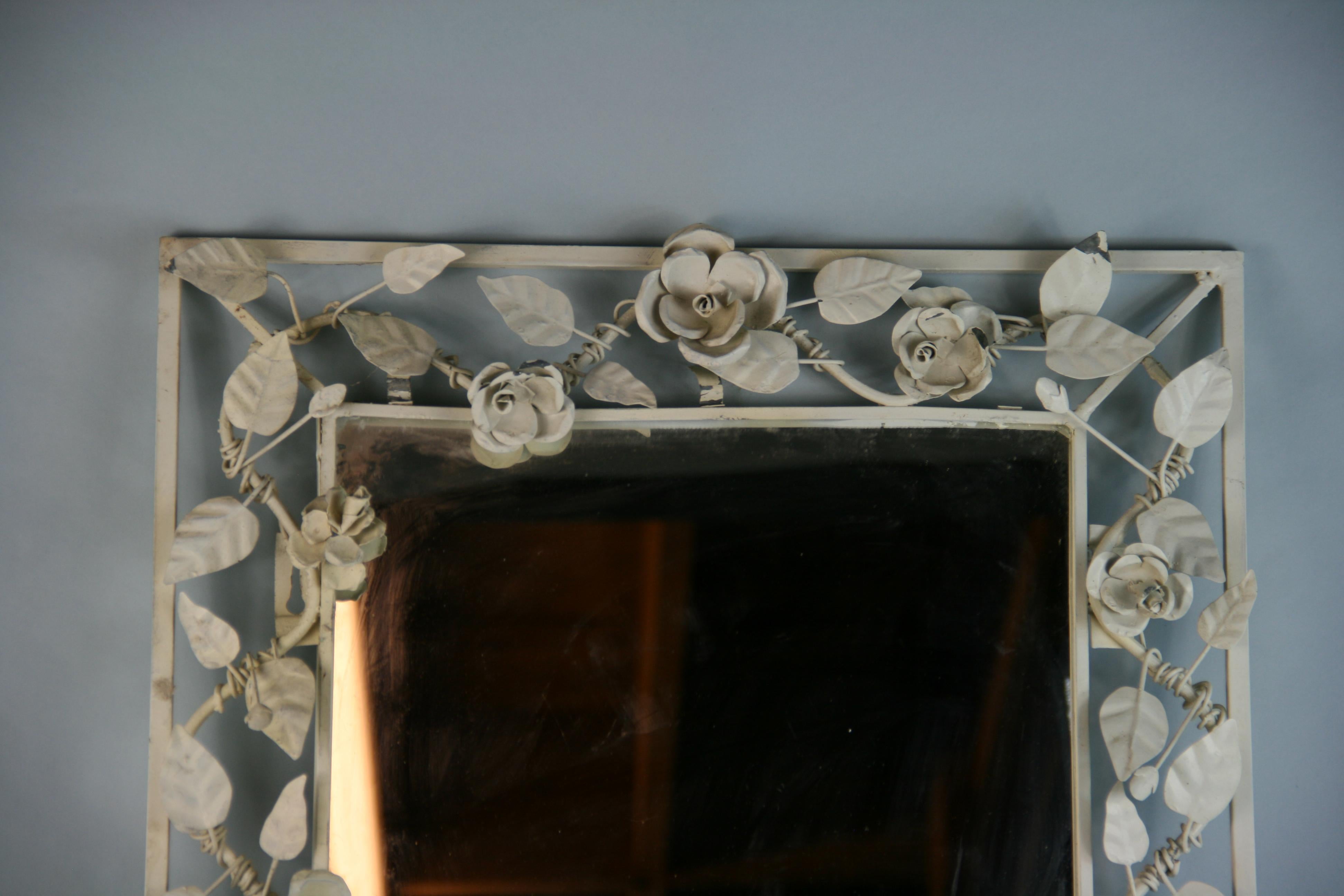 Italian Hand Made Roses and Leaves Metal Mirror 1940's 3