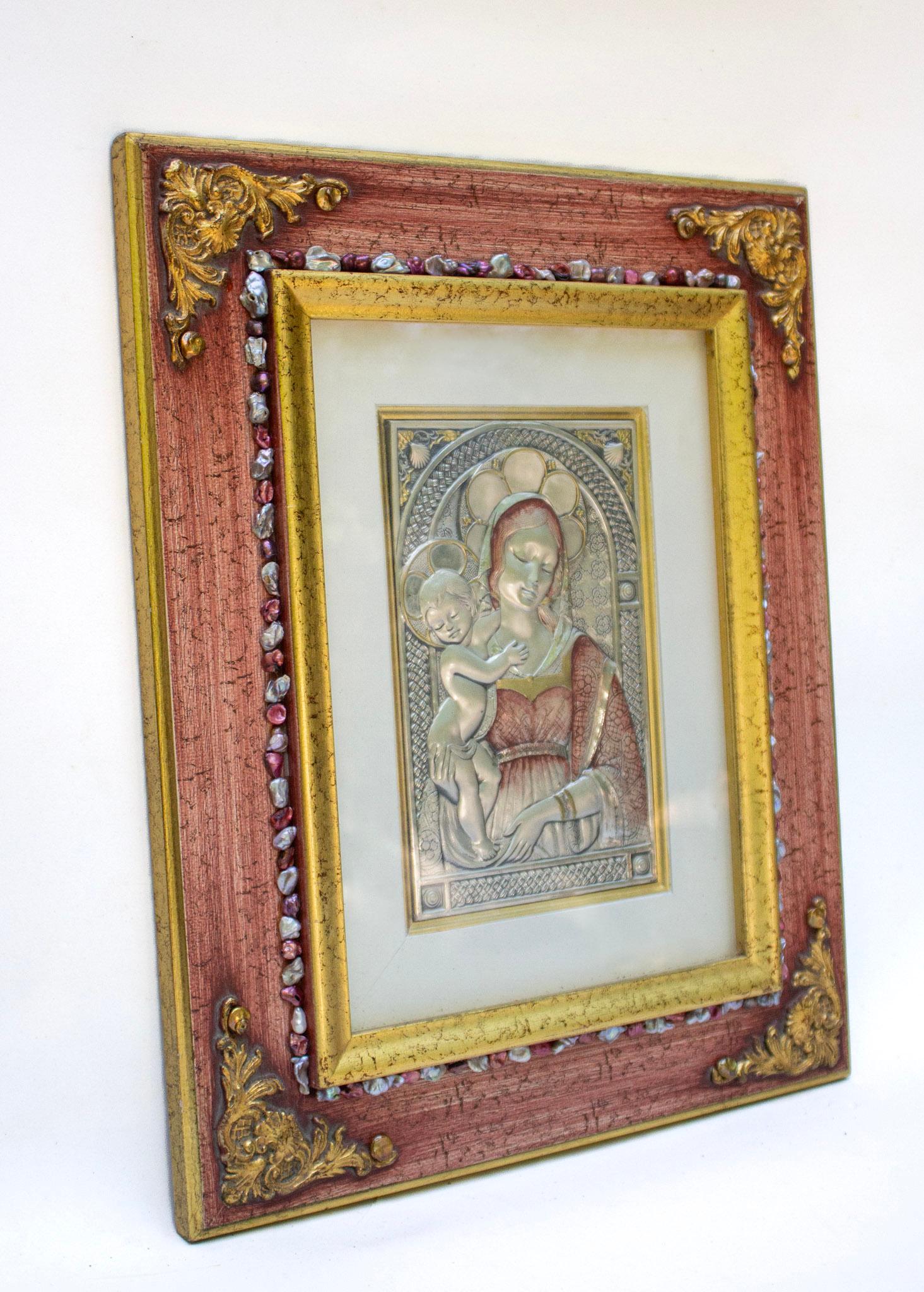 Madonna et enfant de Sicile et argenterie italienne fabriqués à la main dans un cadre en bois ancien Bon état - En vente à Dublin, Dalkey