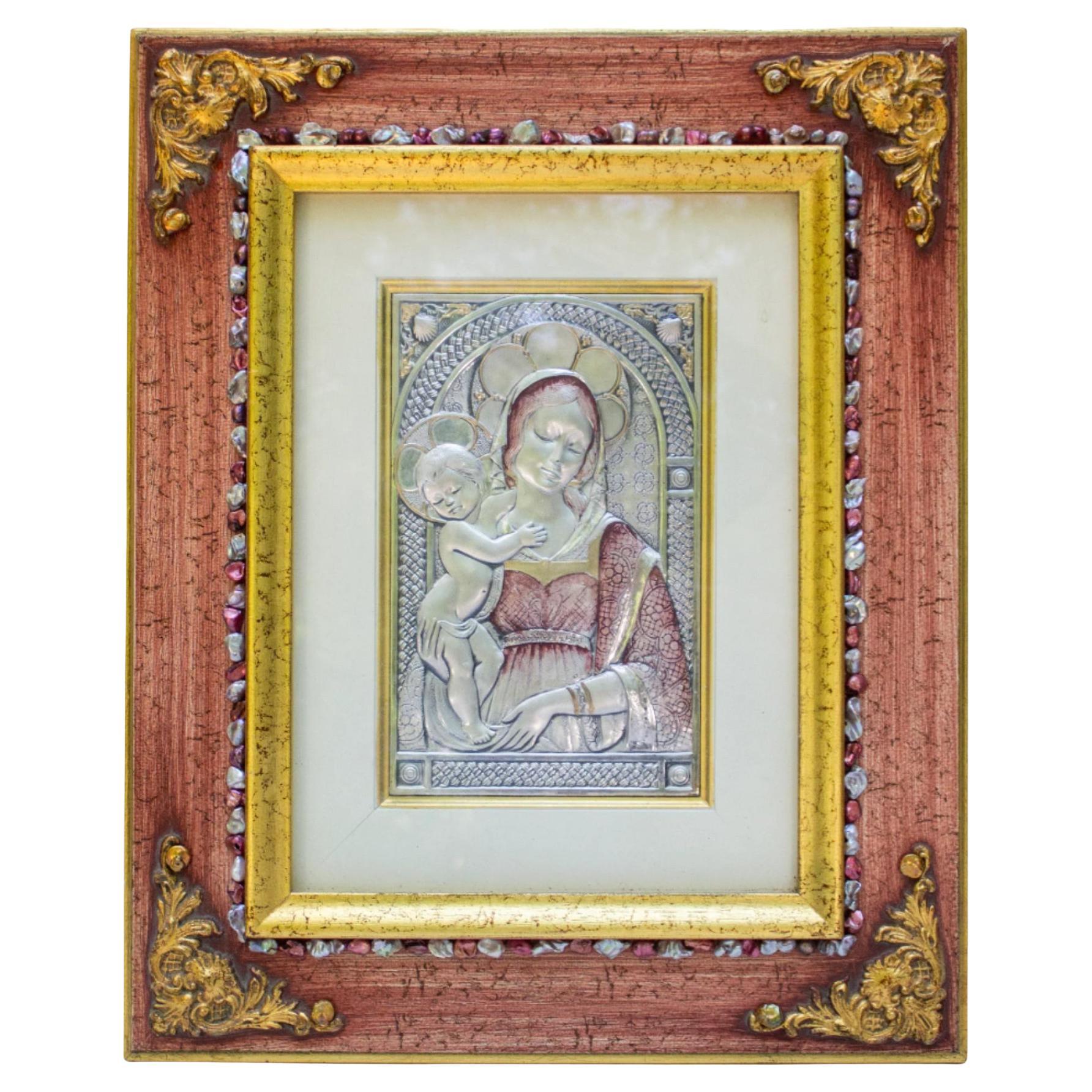 Italian Hand-Made Silver Madonna and Child from Sicily in Antique Wood Frame