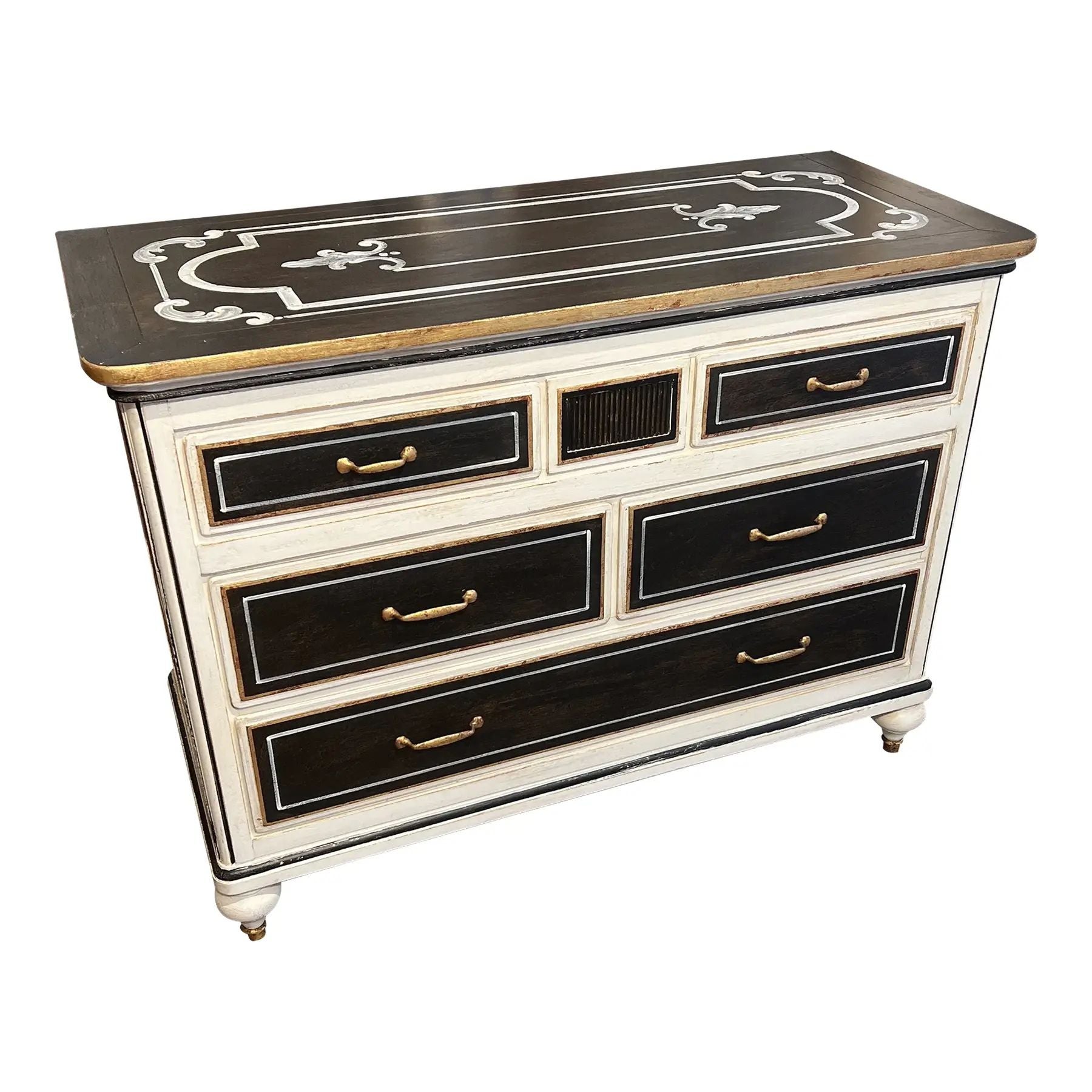 Italian Hand-Painted 5-Drawer Chest in Black & Gold For Sale