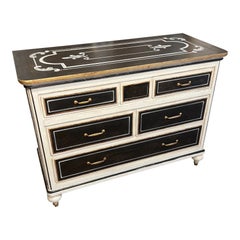 Italian Hand-Painted 5-Drawer Chest – Black, White & Gold Trim