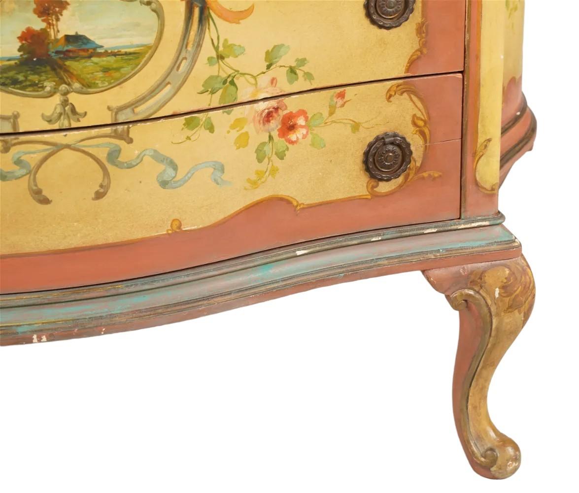 60s Italian Wooden Commode with hand  drawn floral design. Amazing angles and size. Playful color pallet. The front has an outdoor scene provideding a relaxing view into the artist vision. with four drawers 37 x 47 x 21 1/2 in. (94 x 119.4 x 54.6