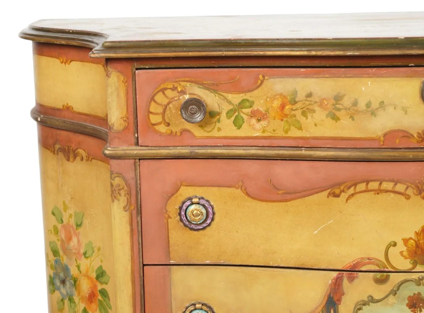 Wood Italian hand Painted 60s Commode With 4 Drawers with hand Drawn Floral Design For Sale