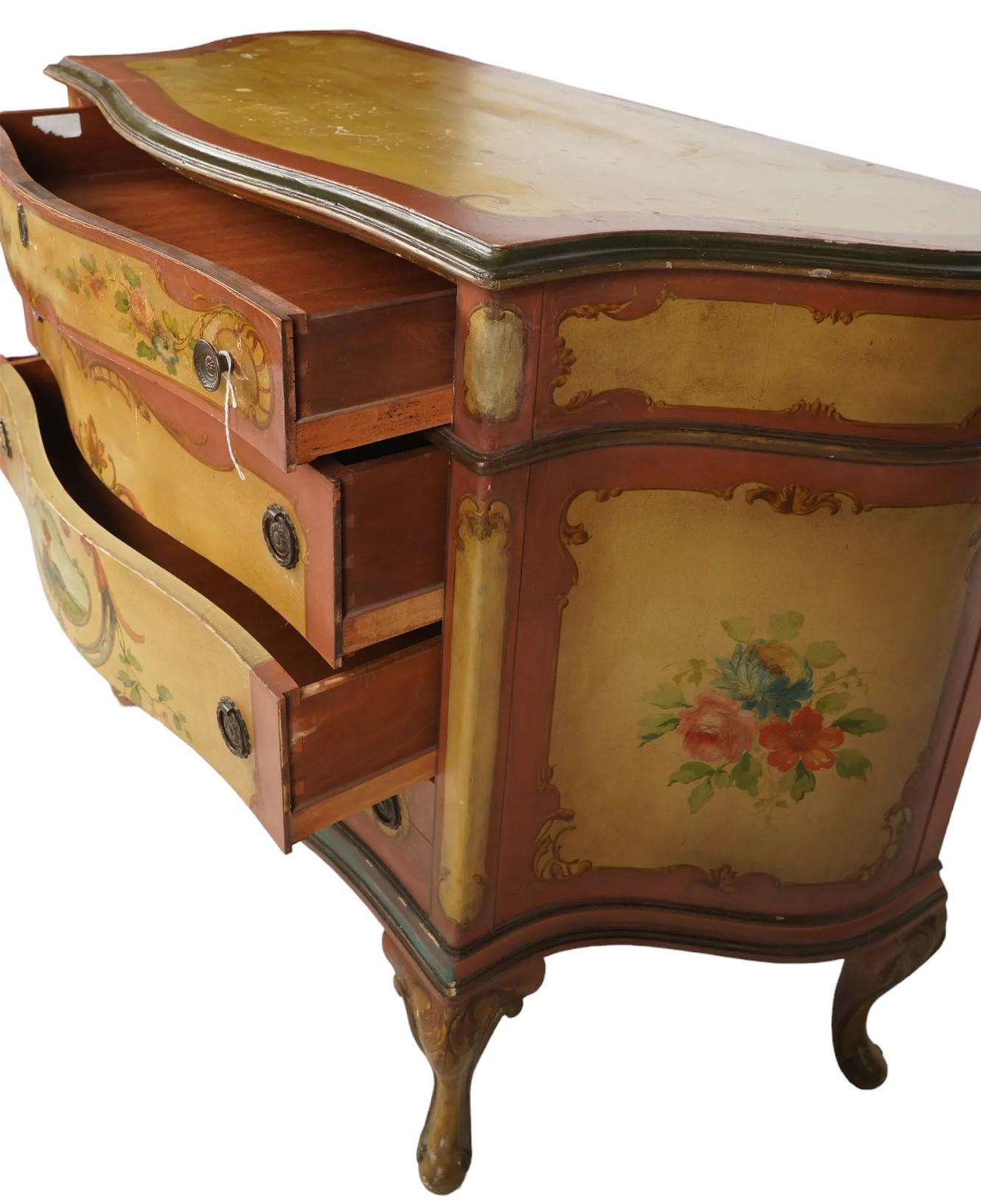Italian hand Painted 60s Commode With 4 Drawers with hand Drawn Floral Design 2