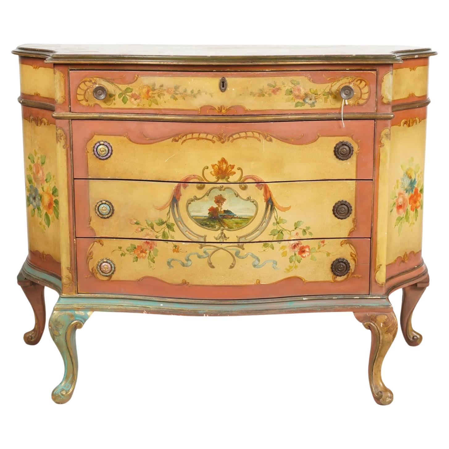 Italian hand Painted 60s Commode With 4 Drawers with hand Drawn Floral Design For Sale