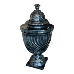 Italian Hand-Painted Black Ceramic Urn with Lid, Decorative Art Pottery