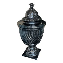 Italian Hand-Painted Black Ceramic Urn with Lid, Decorative Art Pottery
