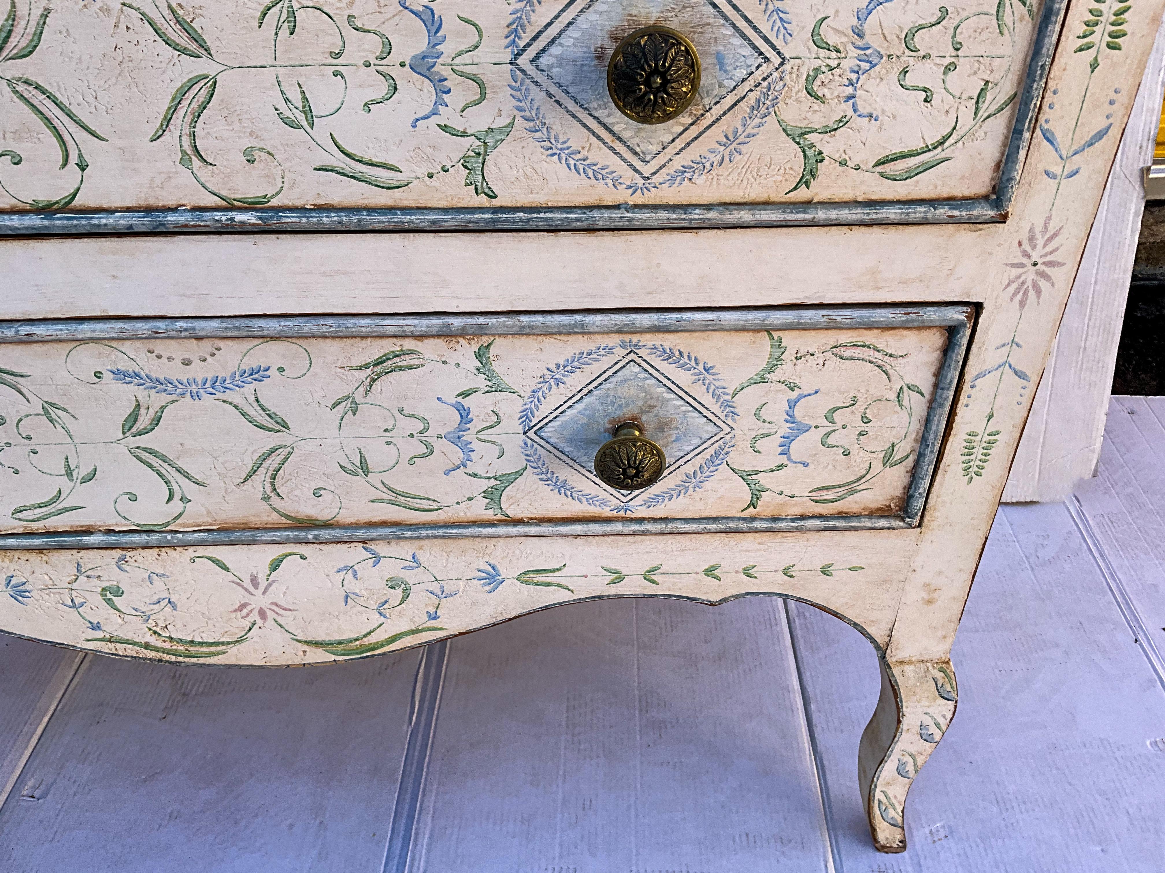 Brass Italian Hand Painted Blue And White Italian Commode / Chest Att. Niermann Weeks For Sale