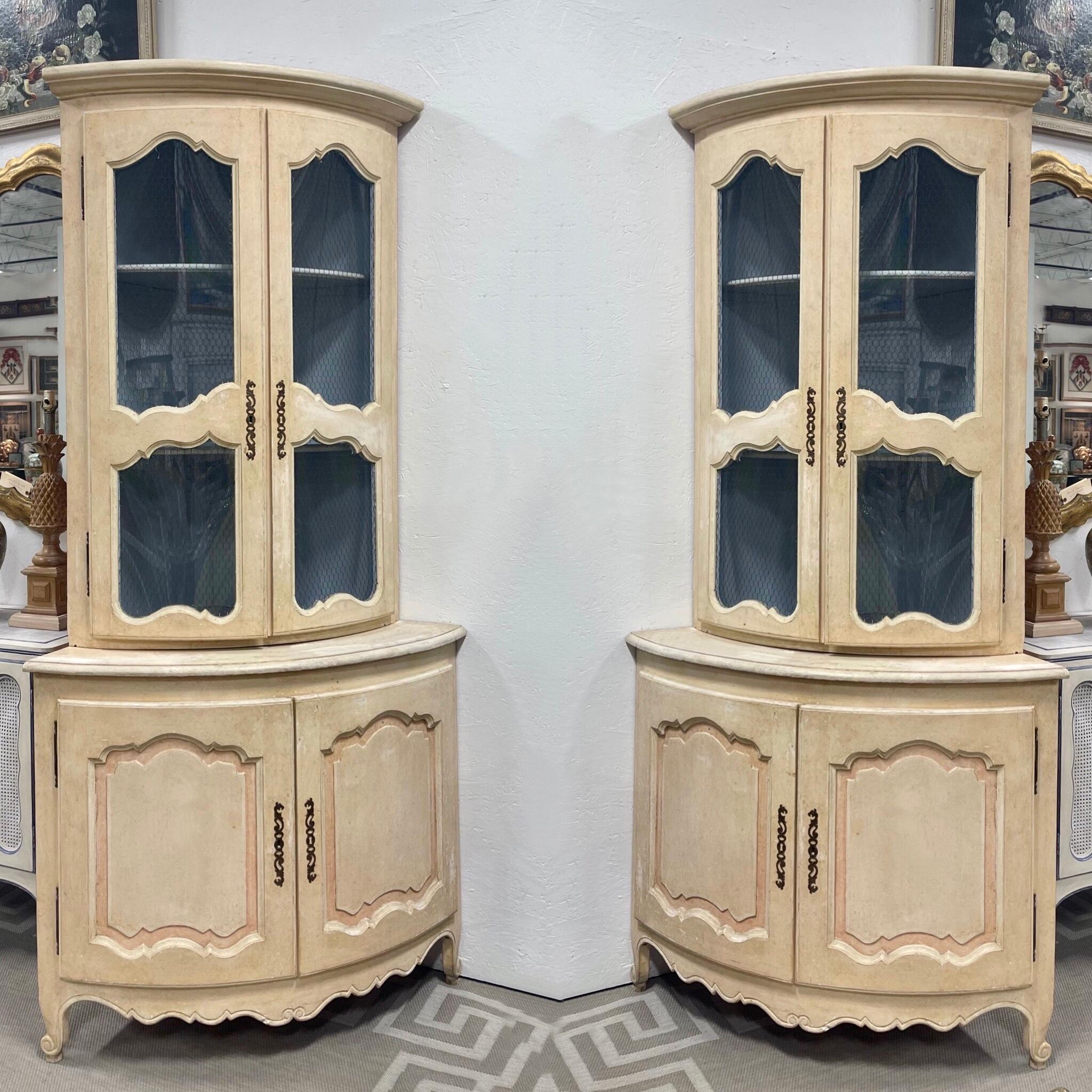 Italian Hand Painted Blue Corner Cabinets with French Styling, Pair 4
