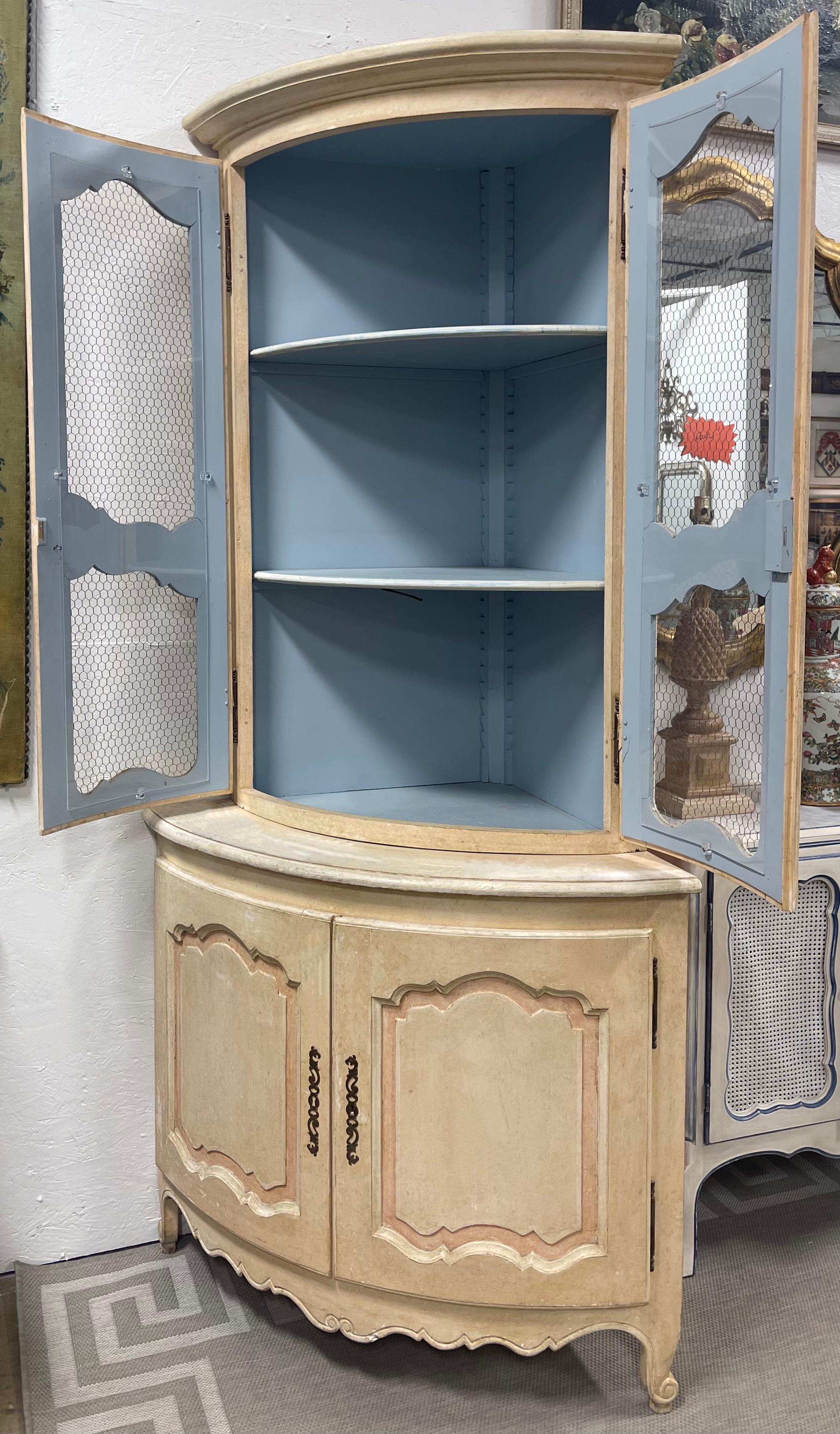 Italian Hand Painted Blue Corner Cabinets with French Styling, Pair 2