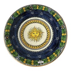Italian Hand-Painted Blue & Green Ceramic Sun Wall Plate, Art Pottery Decor