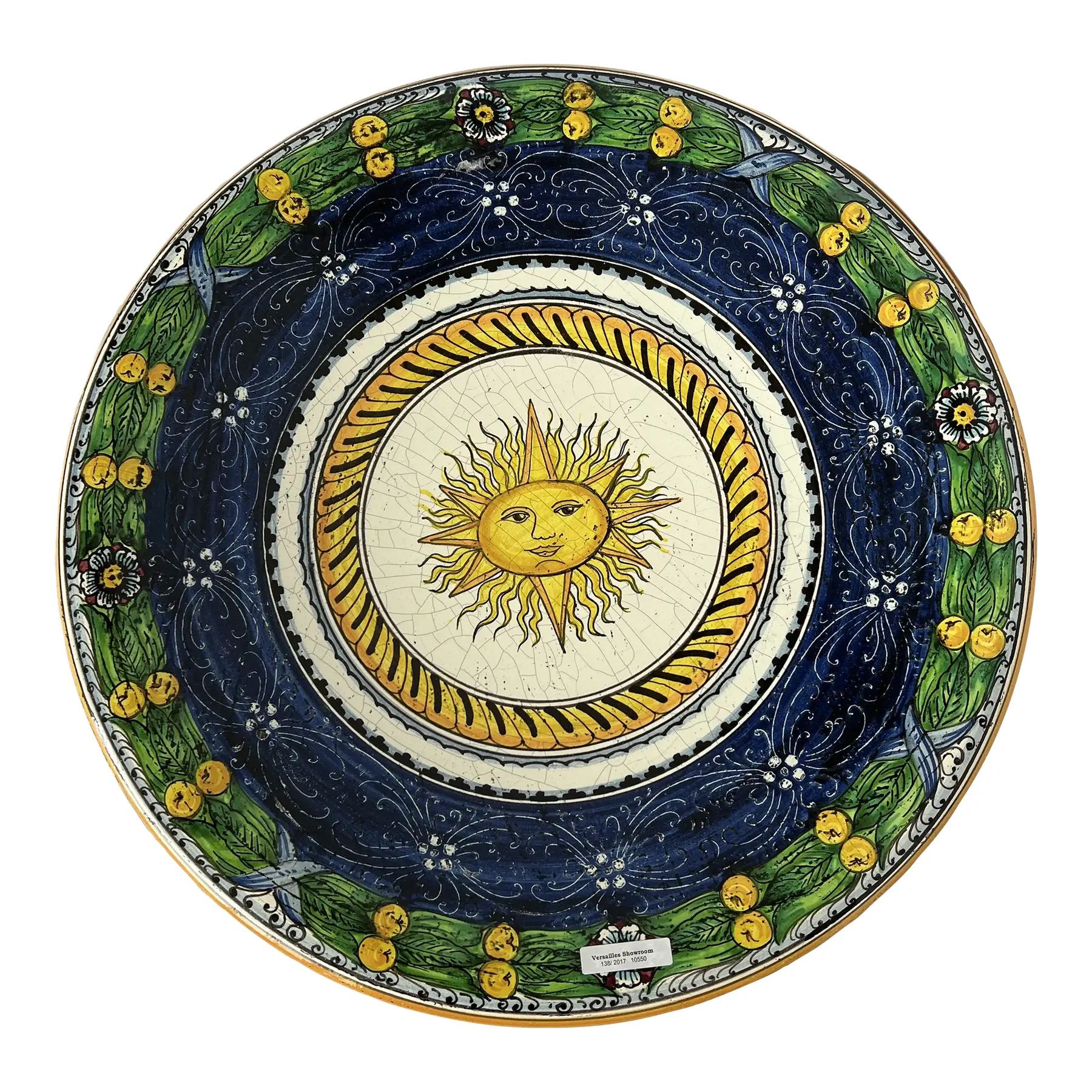 Italian Hand-Painted Ceramic Sun Wall Plate in Blue & Green For Sale