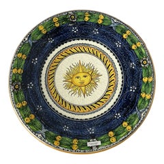 Italian Hand-Painted Blue & Green Ceramic Sun Wall Plate, Art Pottery Decor
