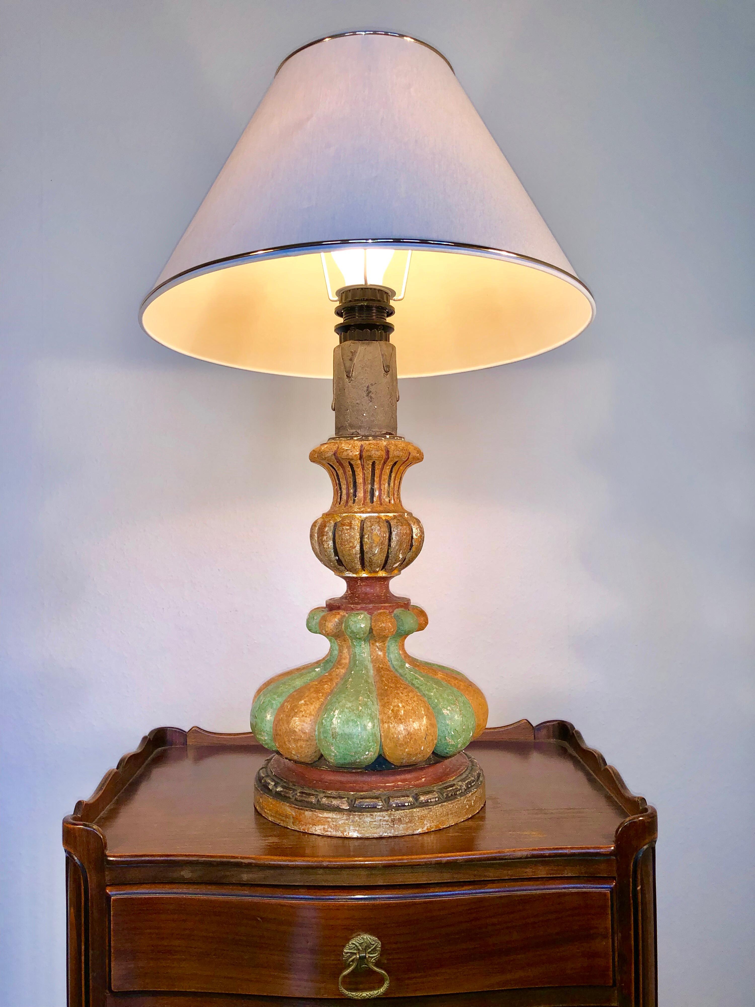 Hand-Carved Italian Hand Painted Carved Wood Table Lamp, Midcentury, circa 1980 ON SALE 