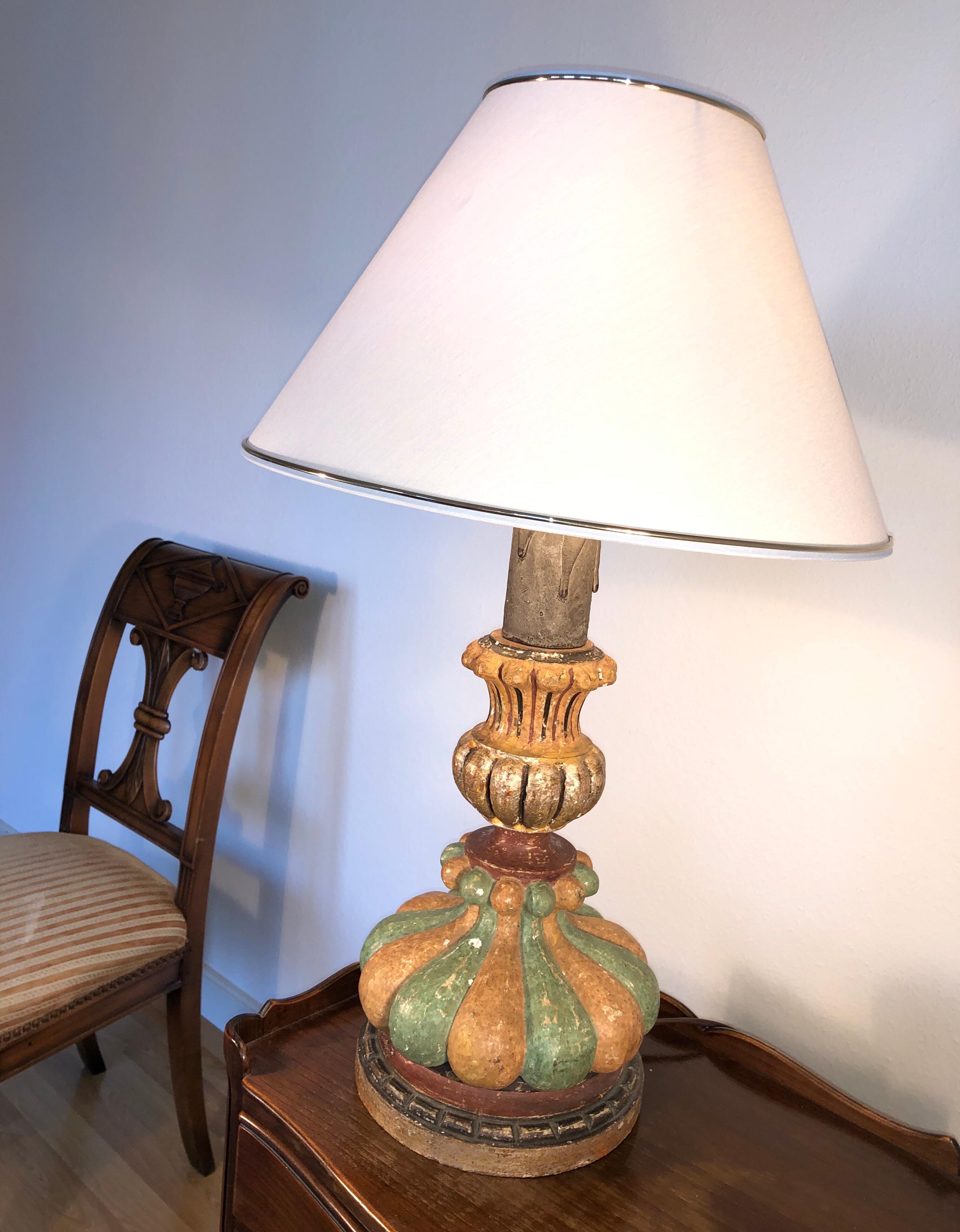 Late 20th Century Italian Hand Painted Carved Wood Table Lamp, Midcentury, circa 1980 ON SALE 