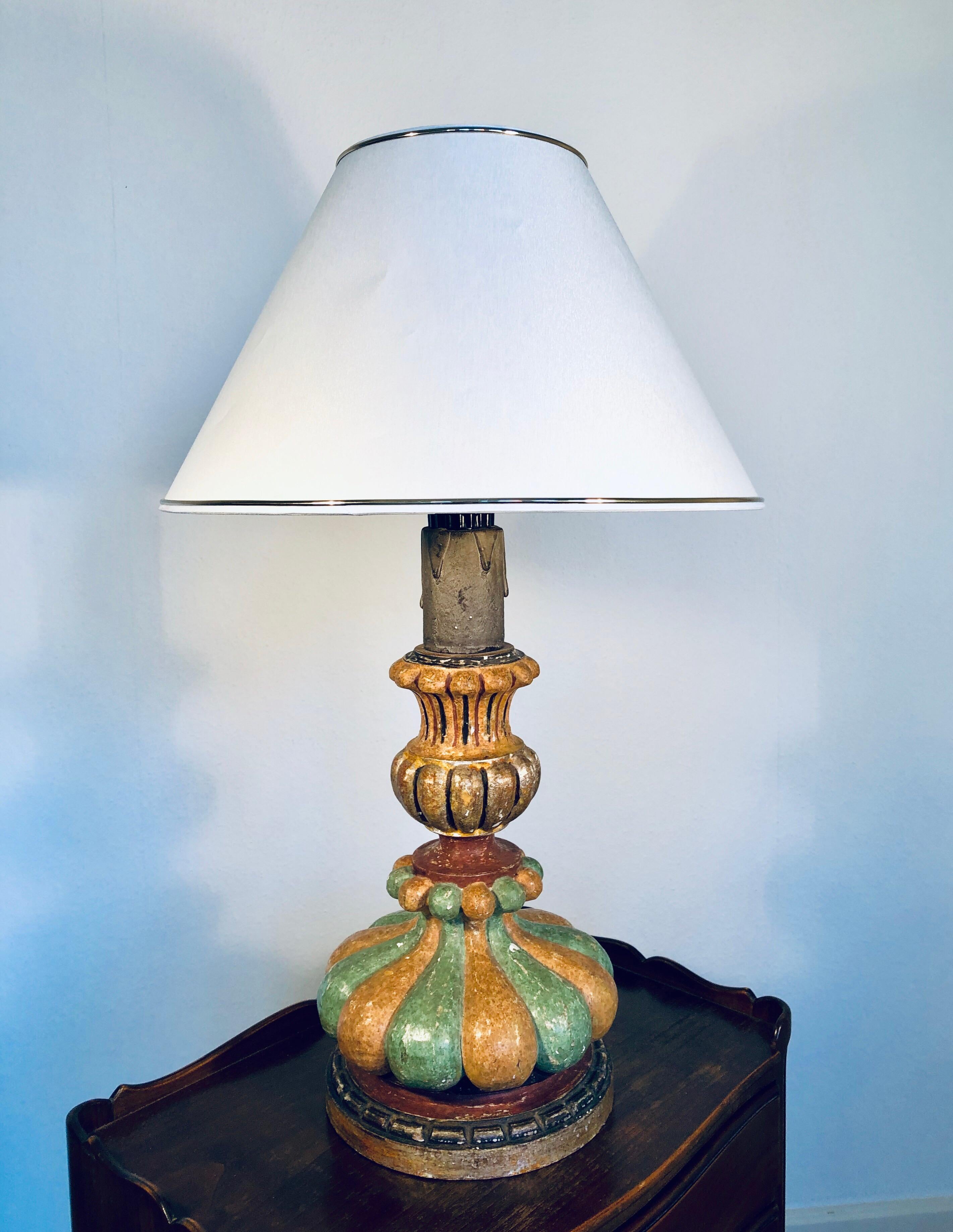 Italian Hand Painted Carved Wood Table Lamp, Midcentury, circa 1980 ON SALE  1