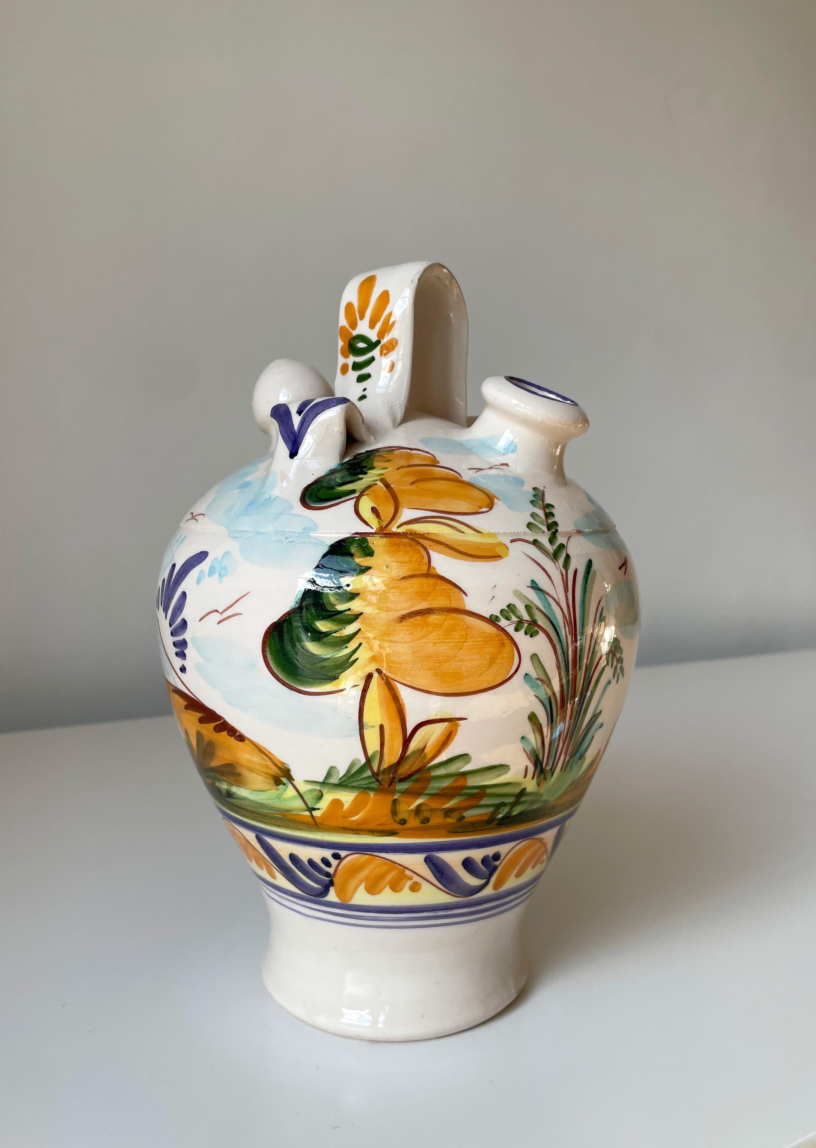 Mid-Century Modern Italian Hand Painted Ceramic Bottle Pitcher Vase, 1960s For Sale