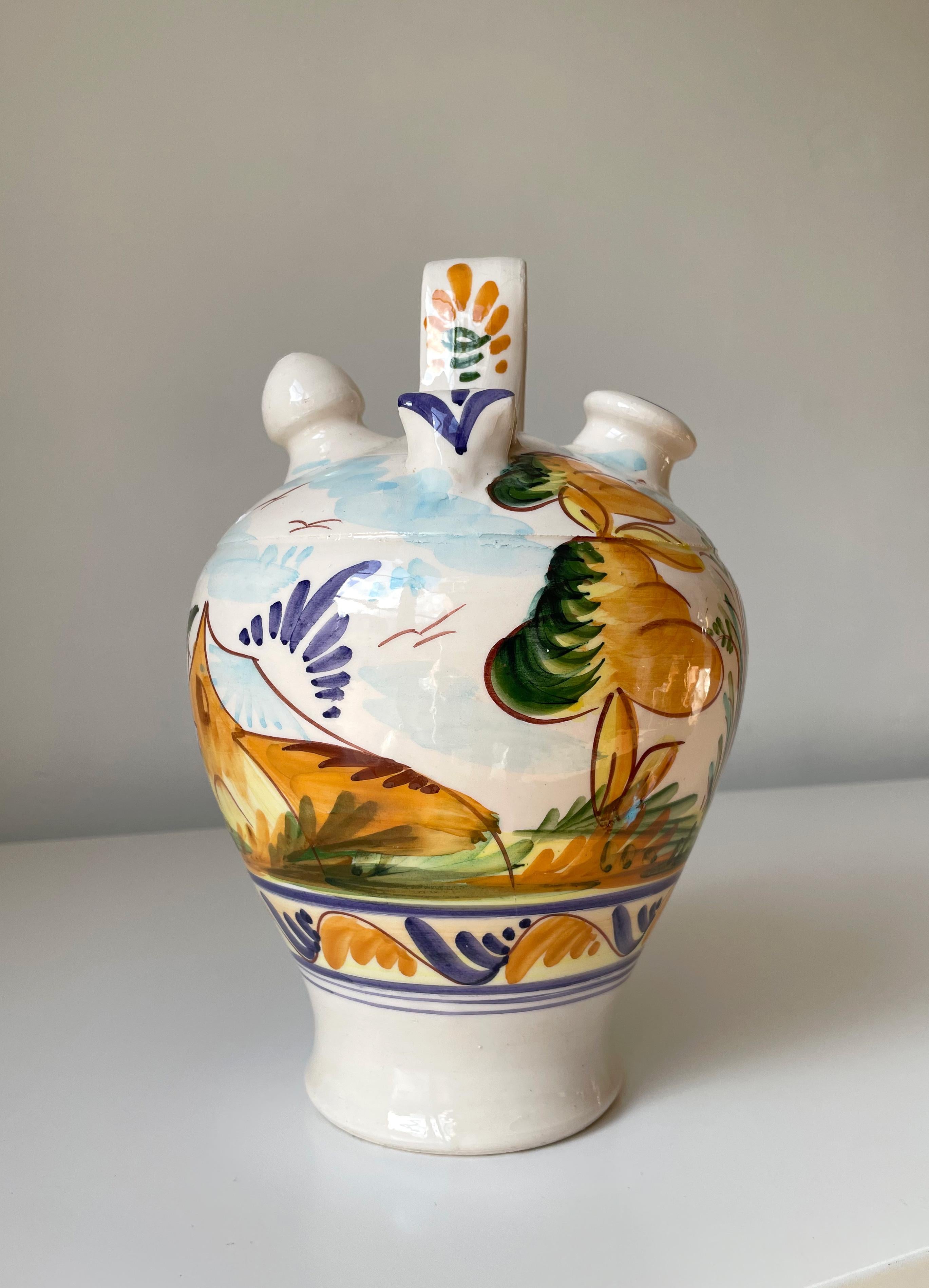 Glazed Italian Hand Painted Ceramic Bottle Pitcher Vase, 1960s For Sale