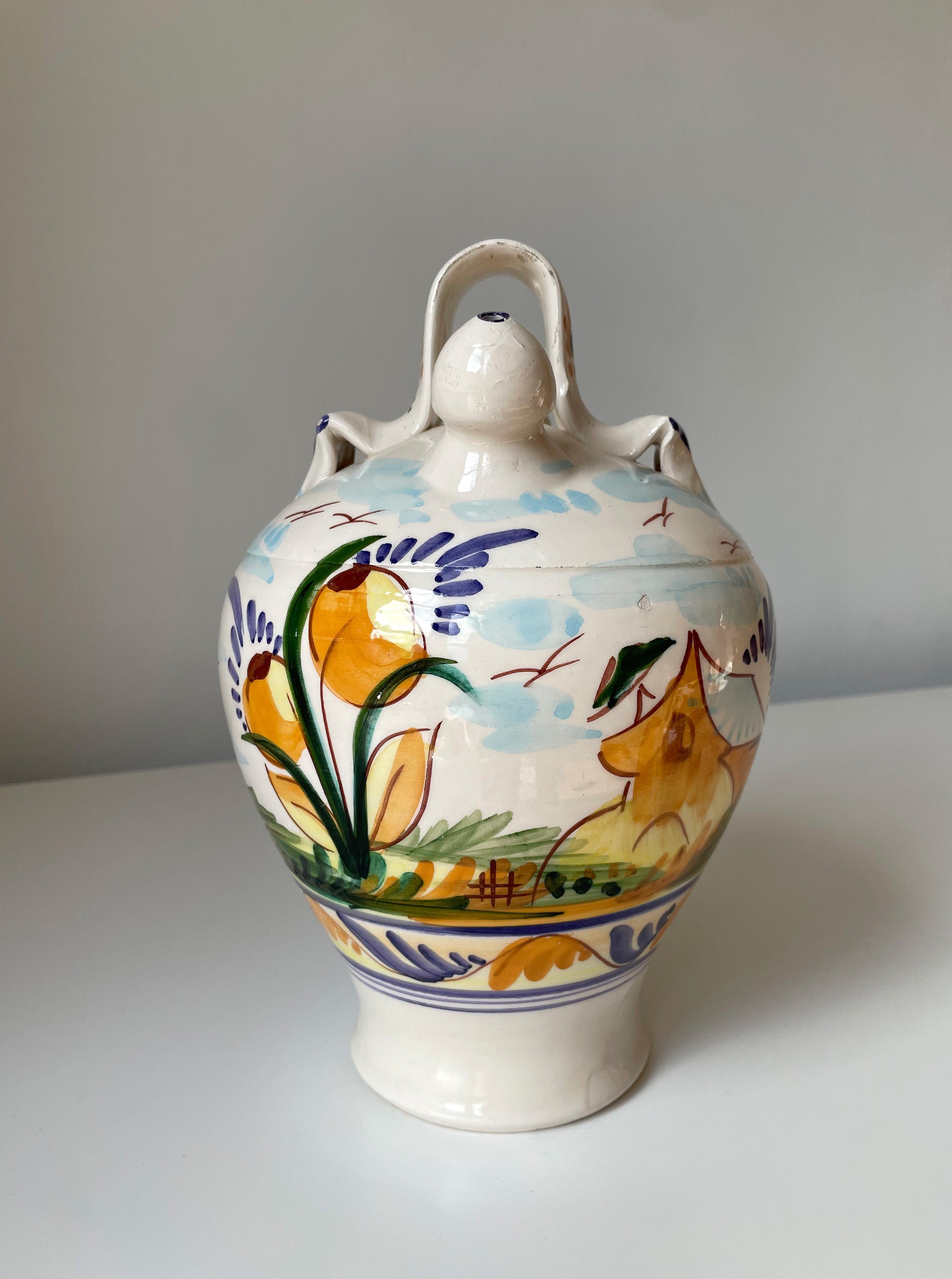 20th Century Italian Hand Painted Ceramic Bottle Pitcher Vase, 1960s For Sale