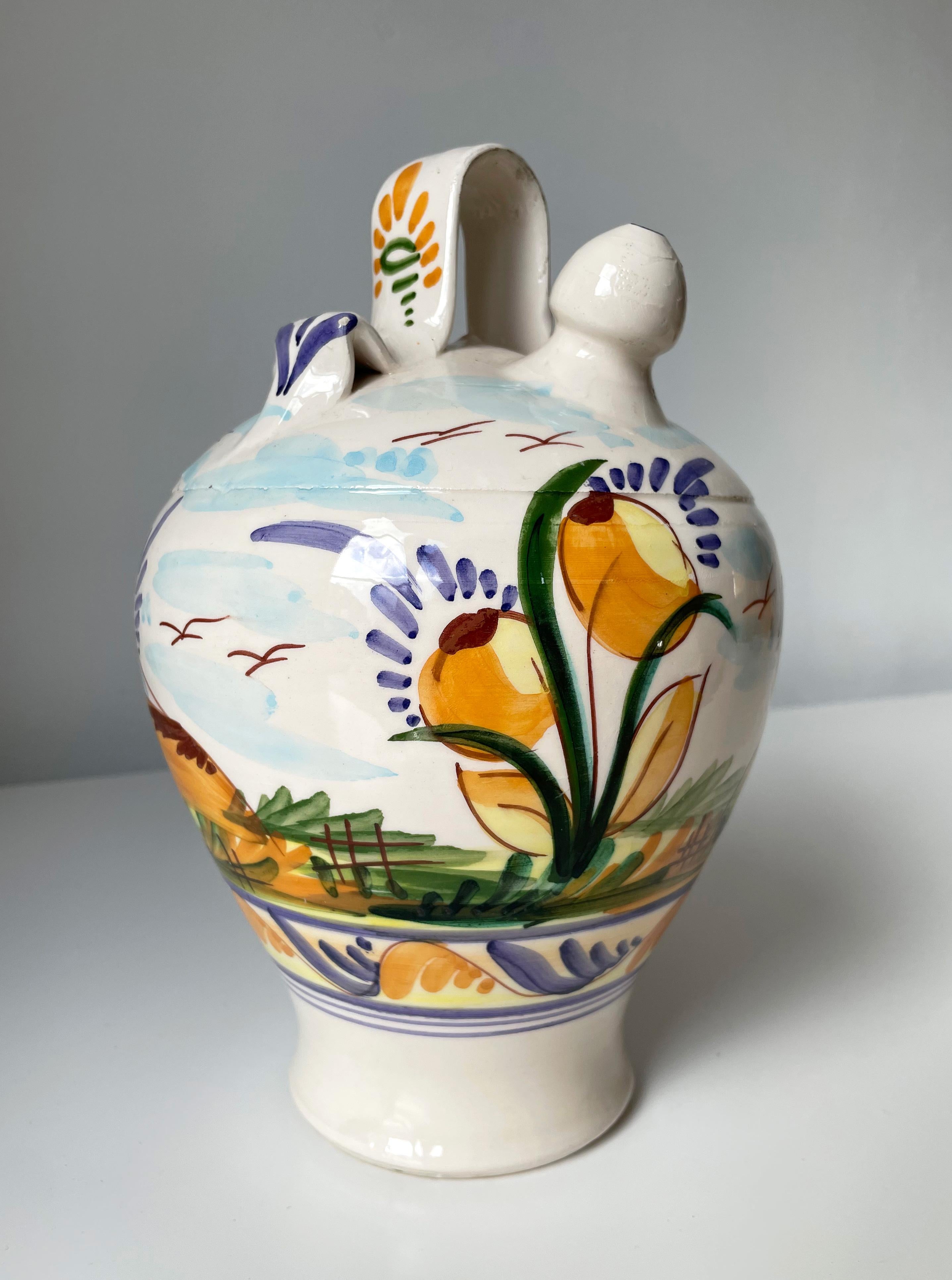 Italian Hand Painted Ceramic Bottle Pitcher Vase, 1960s For Sale 1