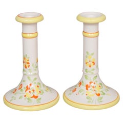 Italian Hand Painted Ceramic Candlestick Holders - a Pair
