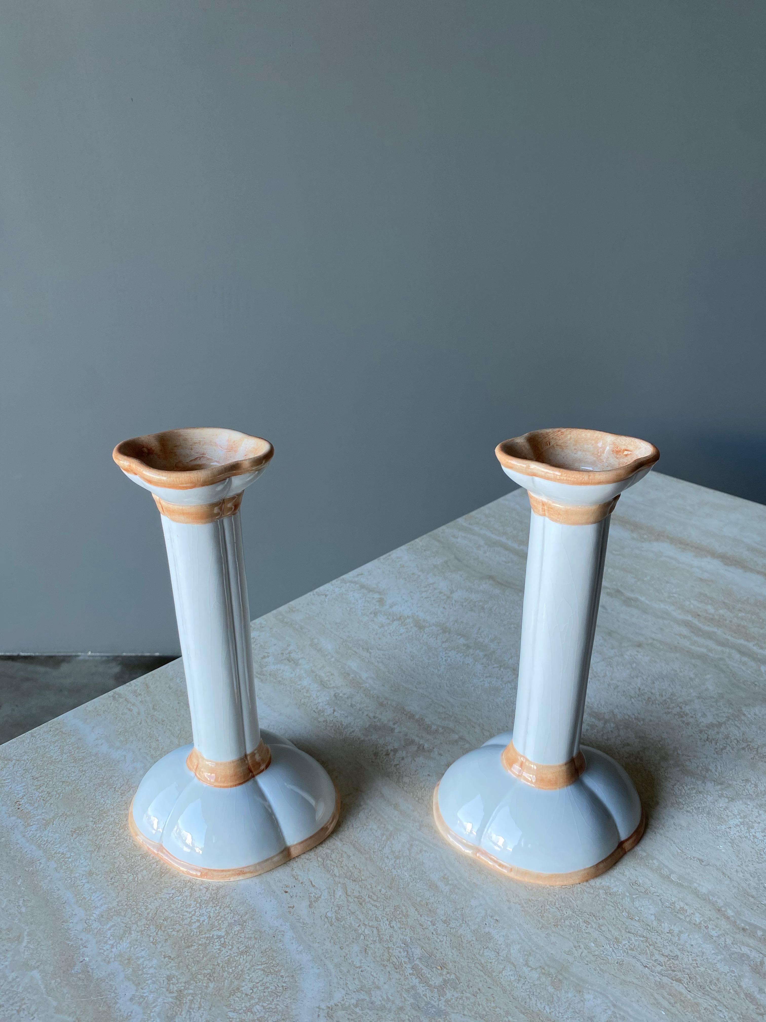 Italian Hand Painted Ceramic Candlesticks, 1960s In Good Condition For Sale In Costa Mesa, CA